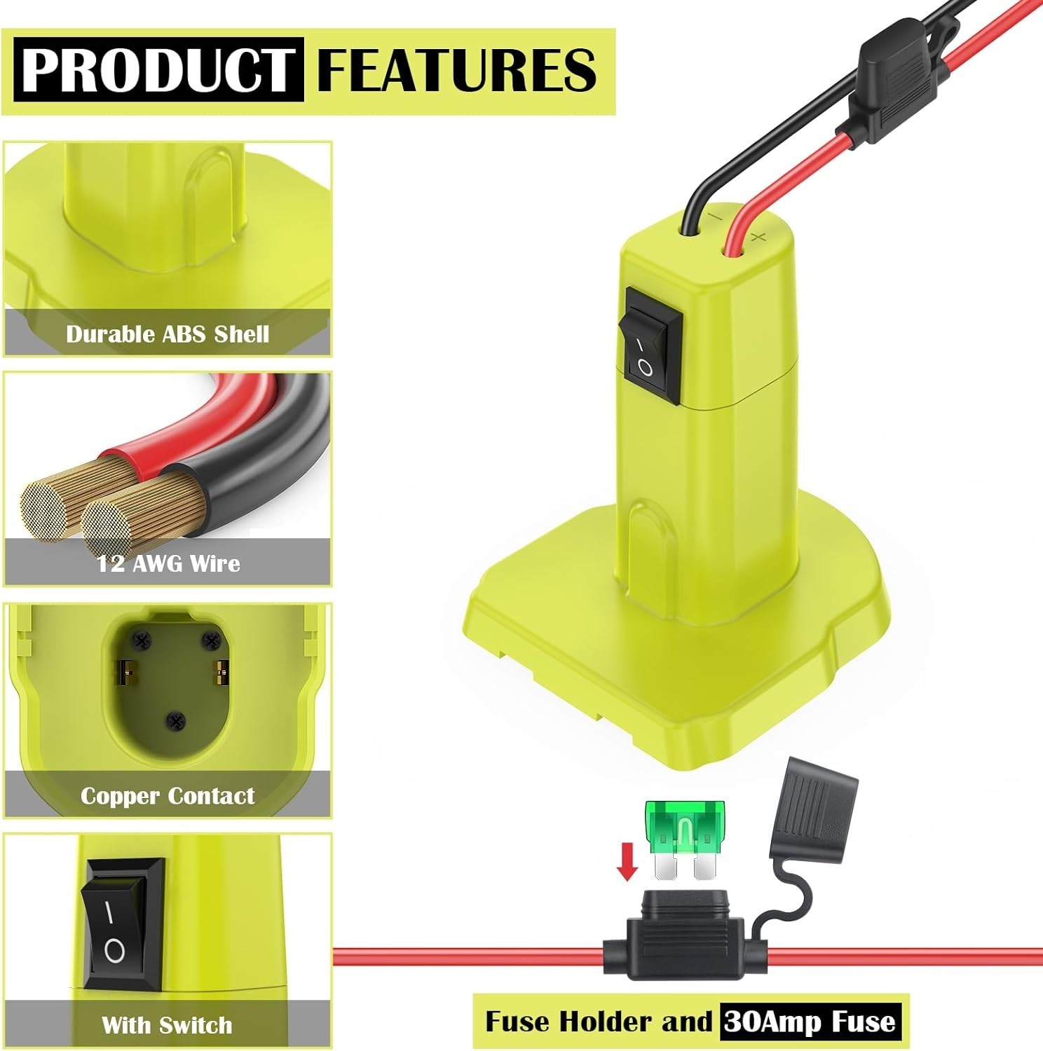 Ryobi 18V Power Wheel Adapter with Switch and 3 Fuses for DIY Robotics