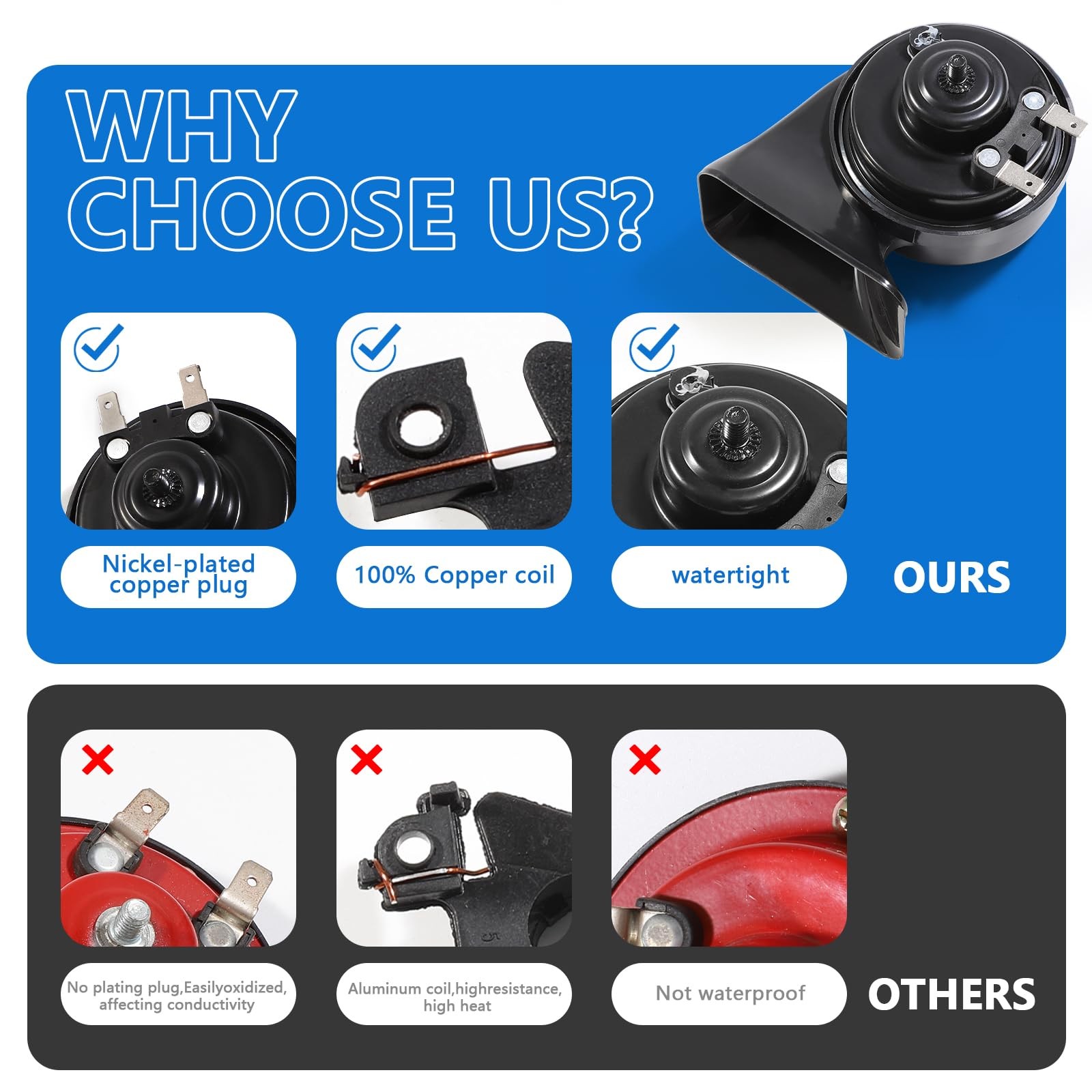 12V Car Horn Kit, 2-Piece, High, Low Tone, Waterproof, Super Loud, Dual Sound