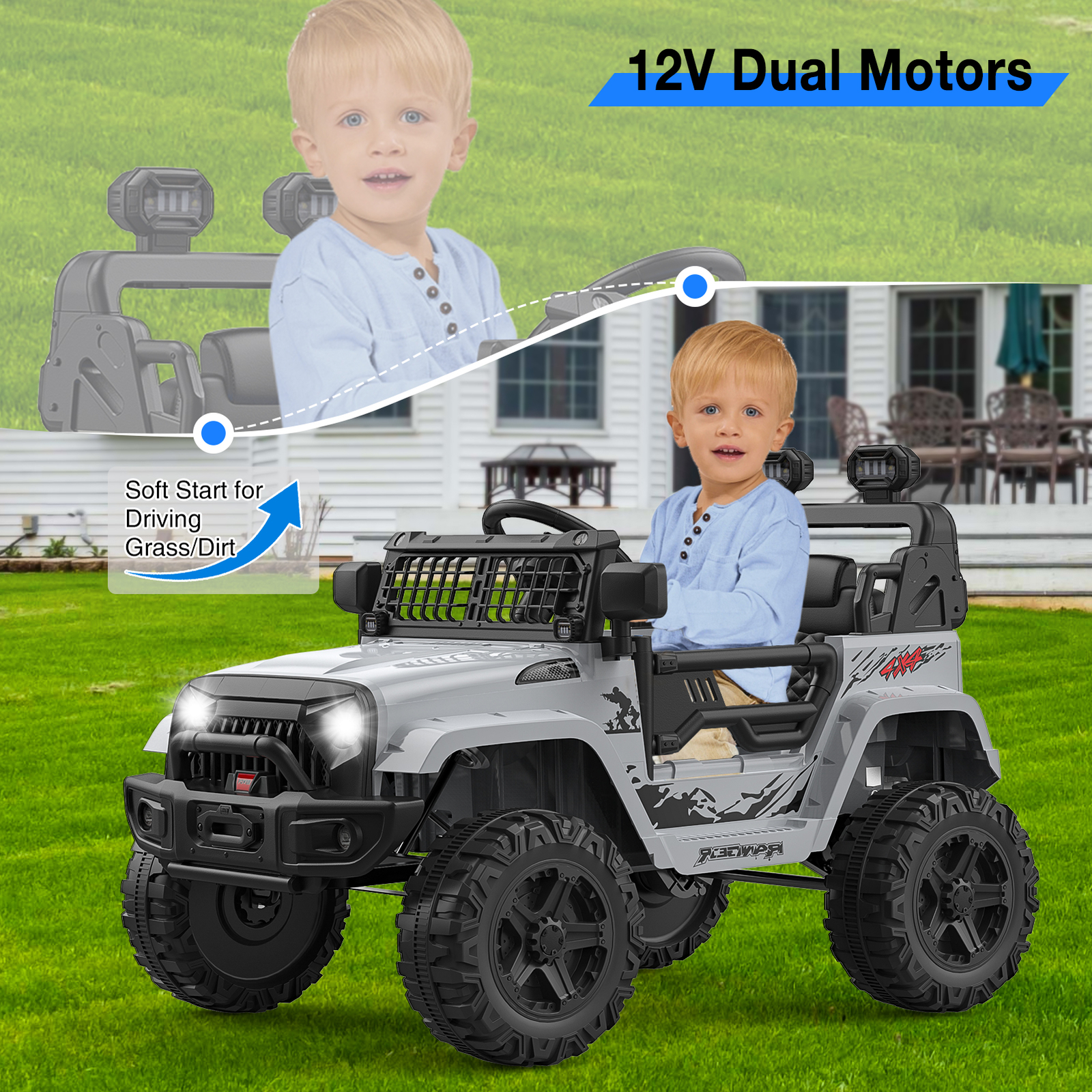 Kids Electric Ride On Truck Toys 12V Power Battery Car Grey with Remote Control