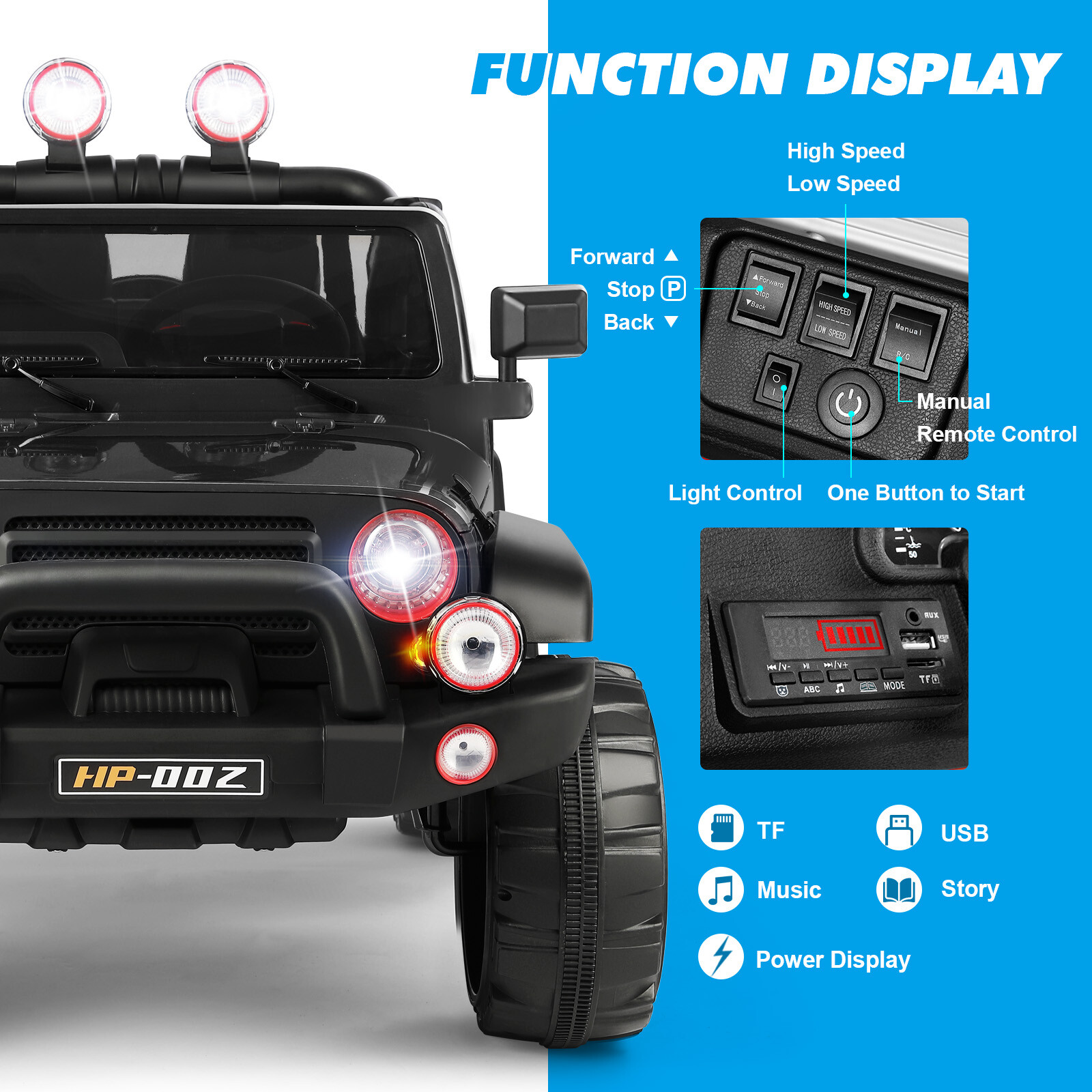 12V Battery 3 Speeds Kids Black Ride On Car Truck w/ RC+MP3+LED Light+USB+Cover