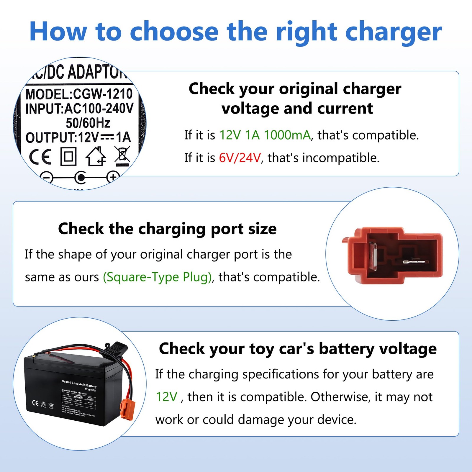 12V Battery Charger for Ride On Car Toy, Compatible with BMX X6, Kid Black