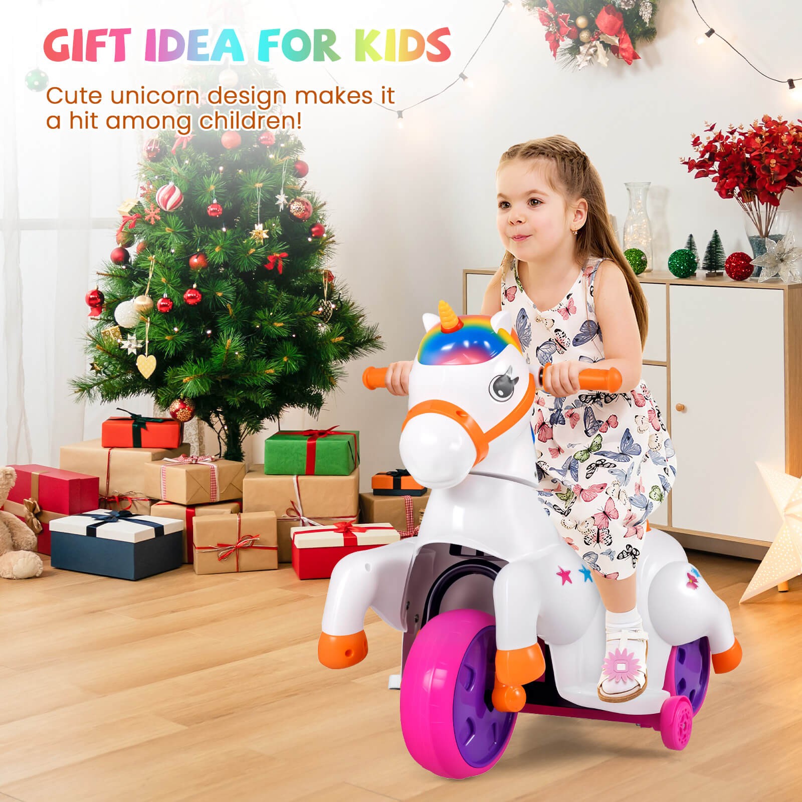 12V Kids Ride on Unicorn Toy w/ Training Wheels Music One-button Start Horse Toy