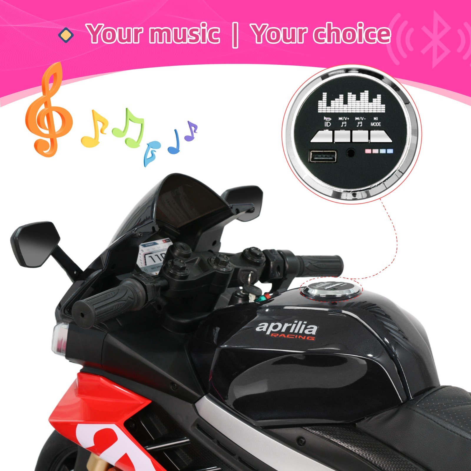 Aprilia 24V Kids Electric Motorcycle 6mph Dirt Bike Ride on Toy w/ Bluetooth MP3