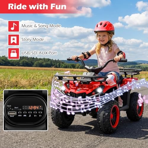Kids ATV Quad with 2 Speeds, Spring Suspension, LED Lights, Music & Red 12V