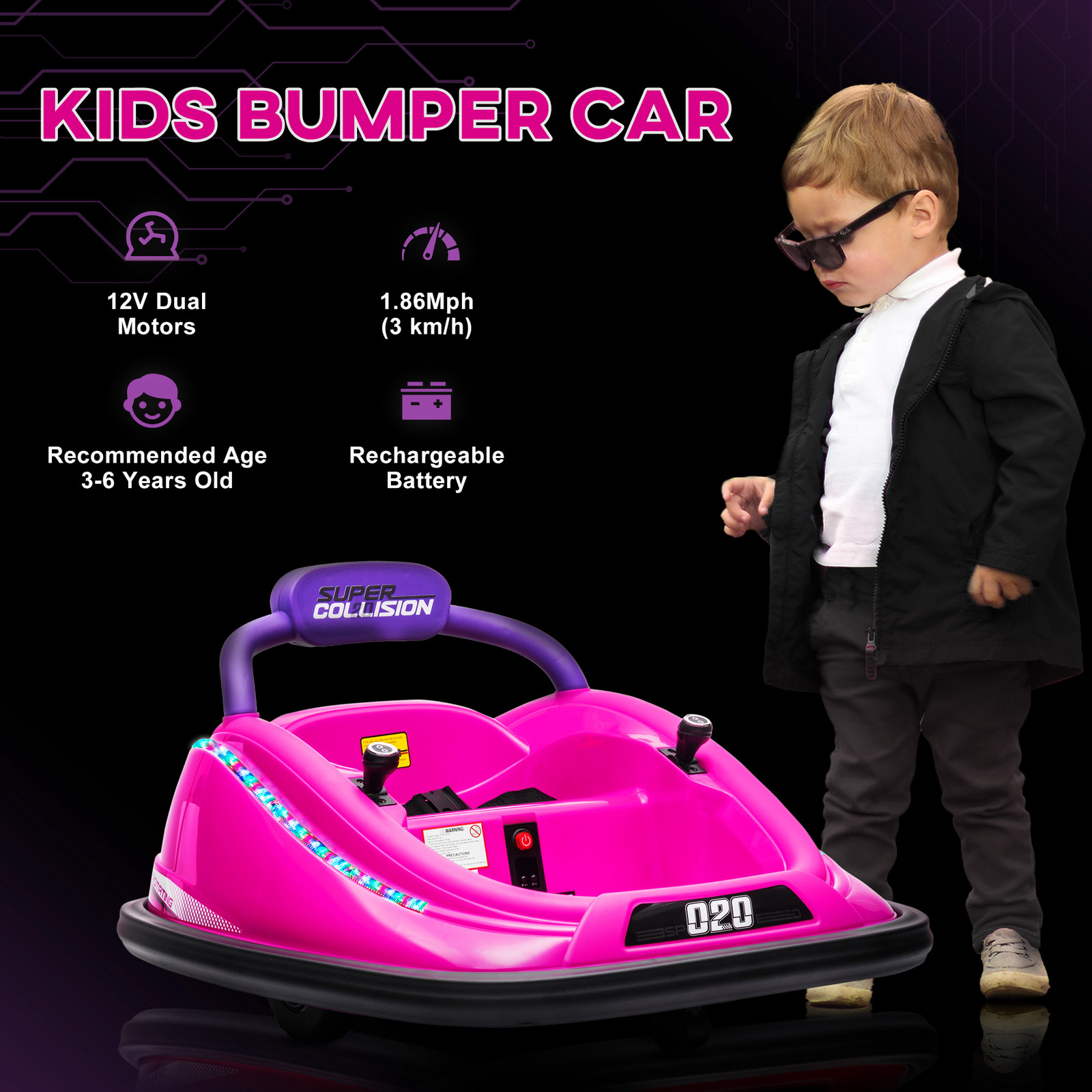 12V Bumper Car for Kids Ride-On Toy w/ Parent Remote Control, Black