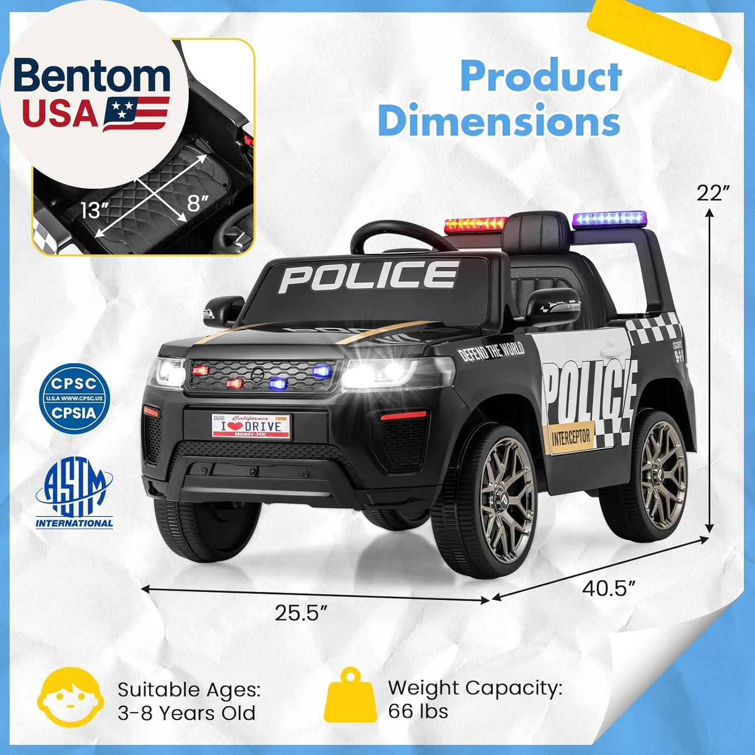 Police Car Ride On, 12V Battery Powered Ride on Car with Remote Control, Siren &