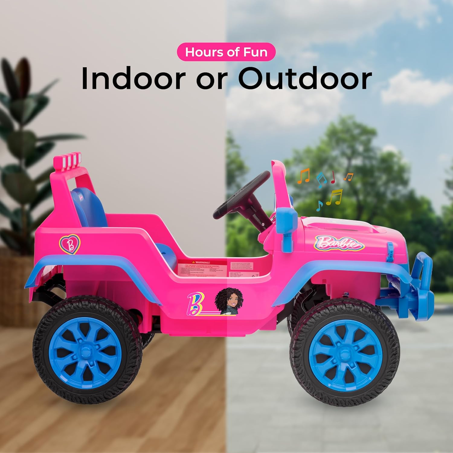 Barbie – 12V Kids Ride-On Jeep with Rechargeable Battery, LED Headlights, Press-