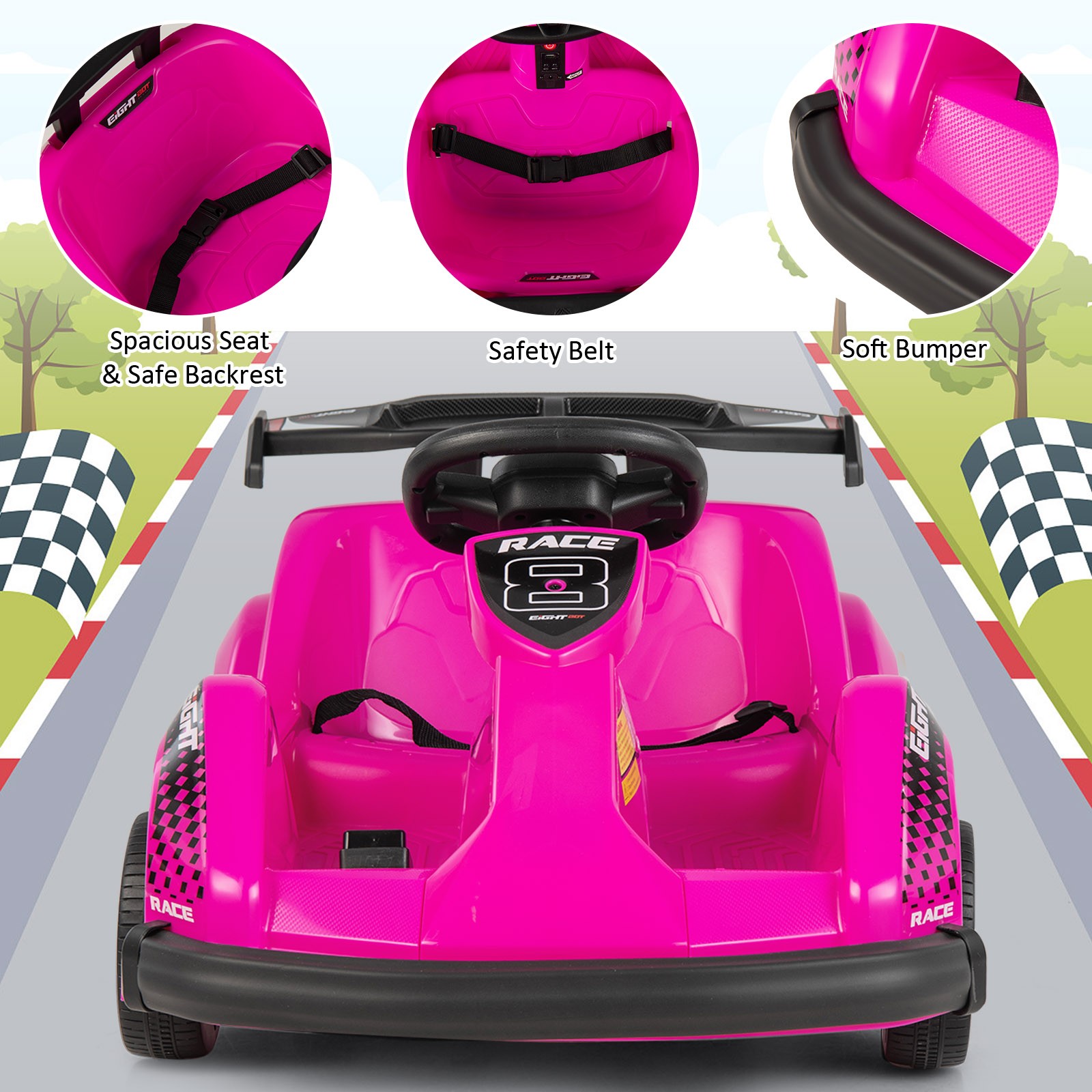 6V Battery Powered Go Kart Kids Ride On 4 Wheel Racer RC w/ Bumper & Music Pink