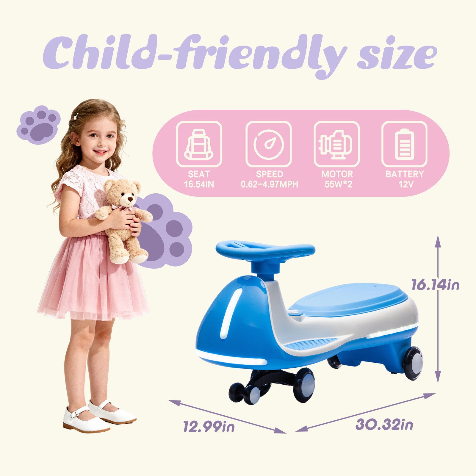 2in1 12V Kids ride on Electric Wiggle Car 5MPH Max Speed Bluetooth Music – Blue