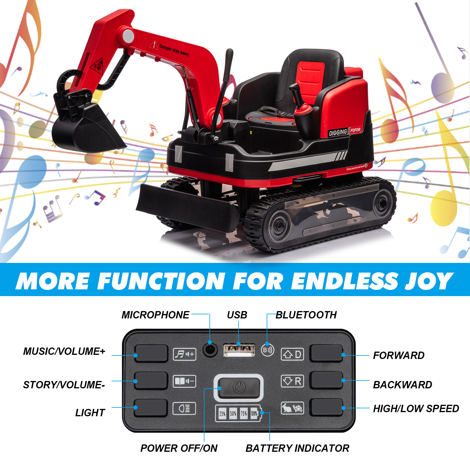 2IN1 12V 360° Kids Red Ride on Traxcavator Excavator Toys with Remote Control