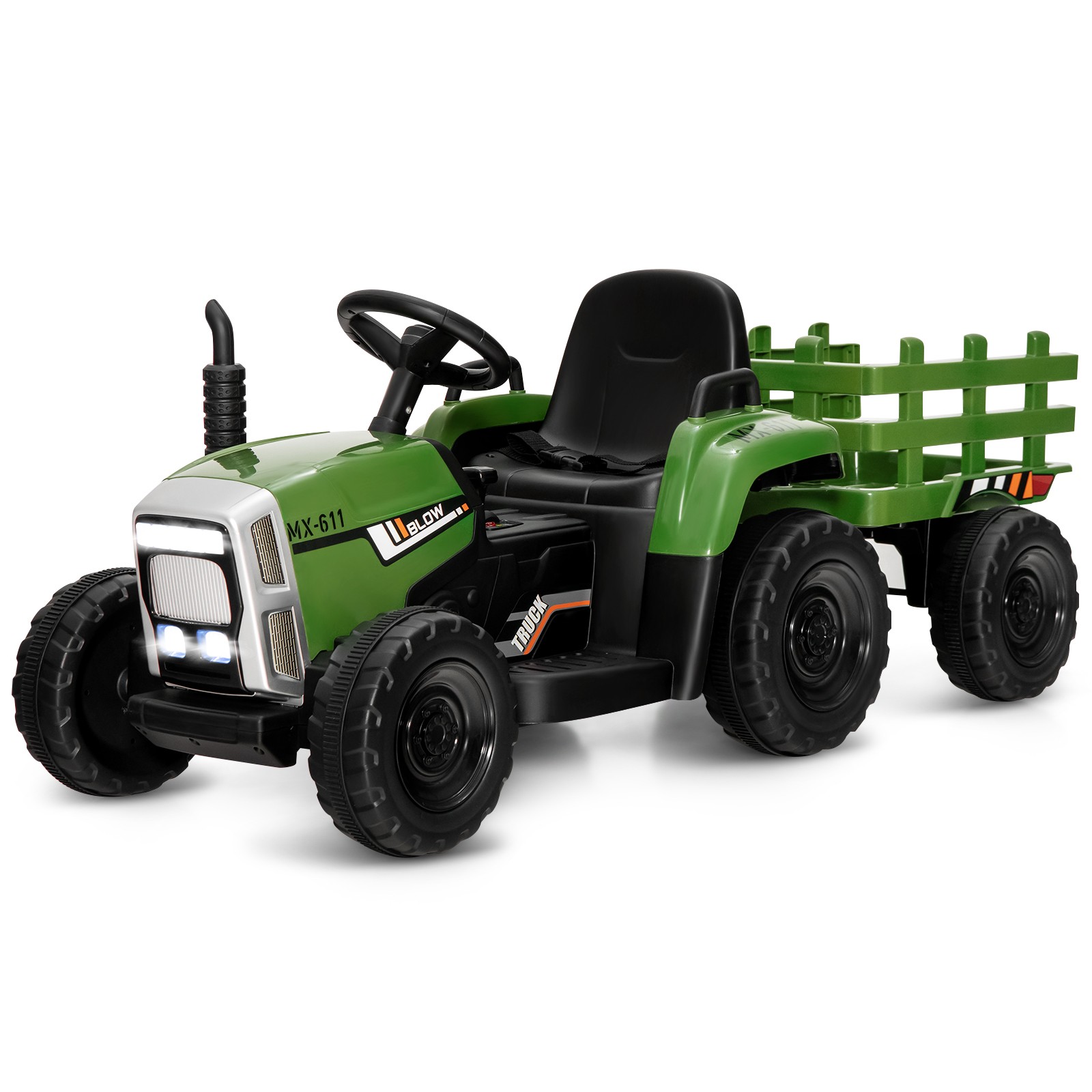 12V Kids Ride On Tractor with Trailer Ground Loader w/ RC & Lights Dark Green