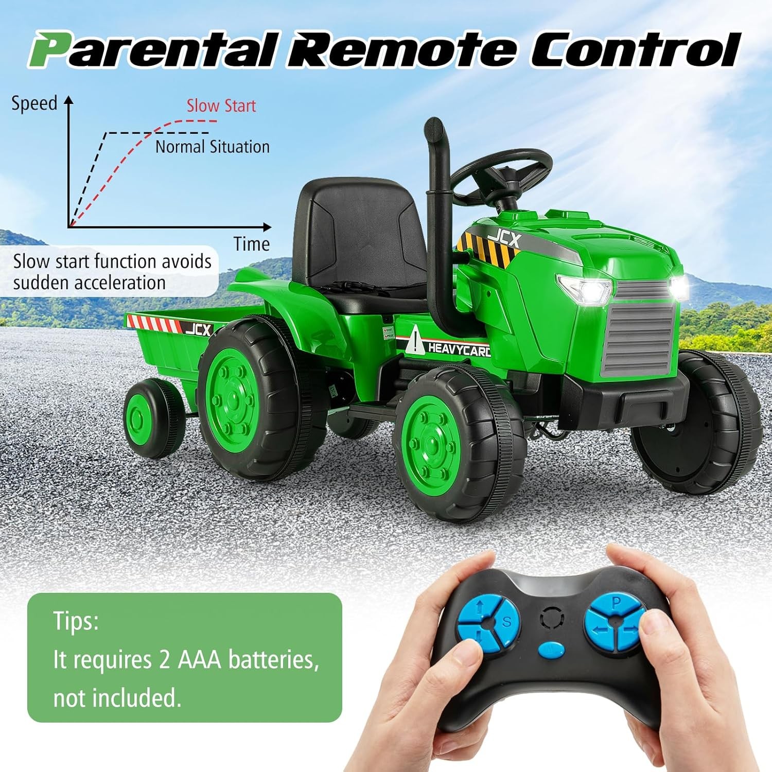HONEY JOY 12V Kids Ride On Tractor with Trailer and Remote Green