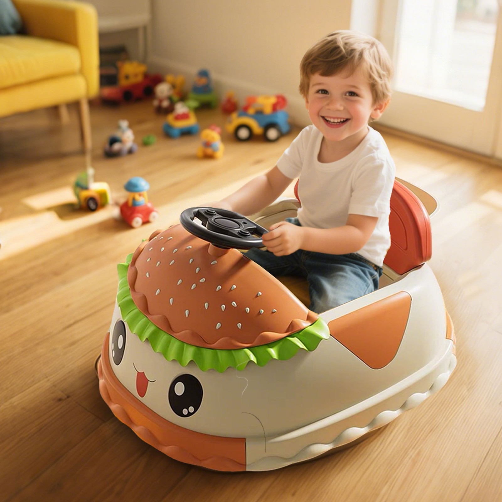 12V Kids Ride On Electric Bumper Car Cute Hamburger Design Storing Space For 2-5