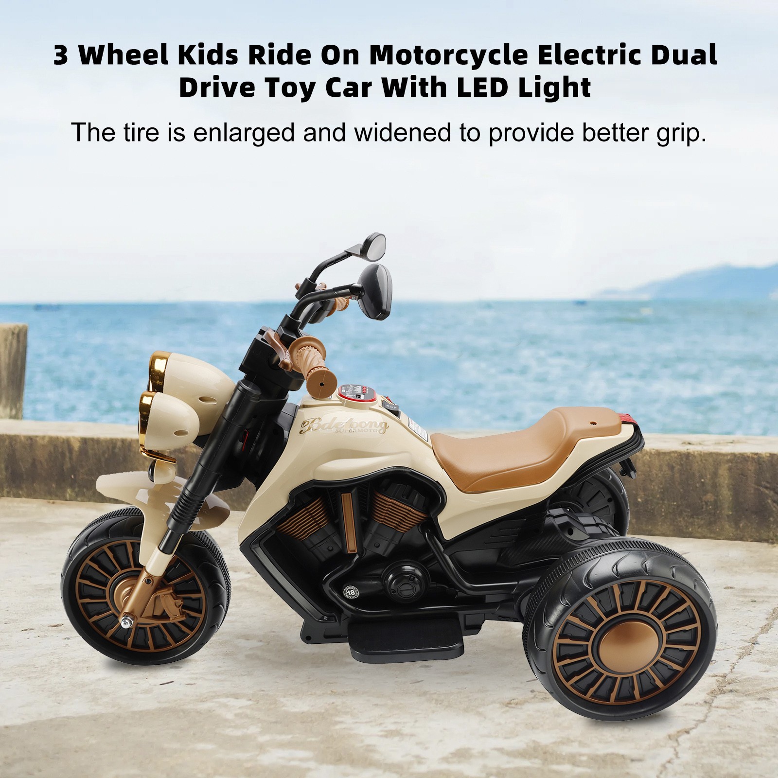 3 Wheel Kid Ride On Motorcycle Electric Dual Drive Toy Car With LED Light Brown