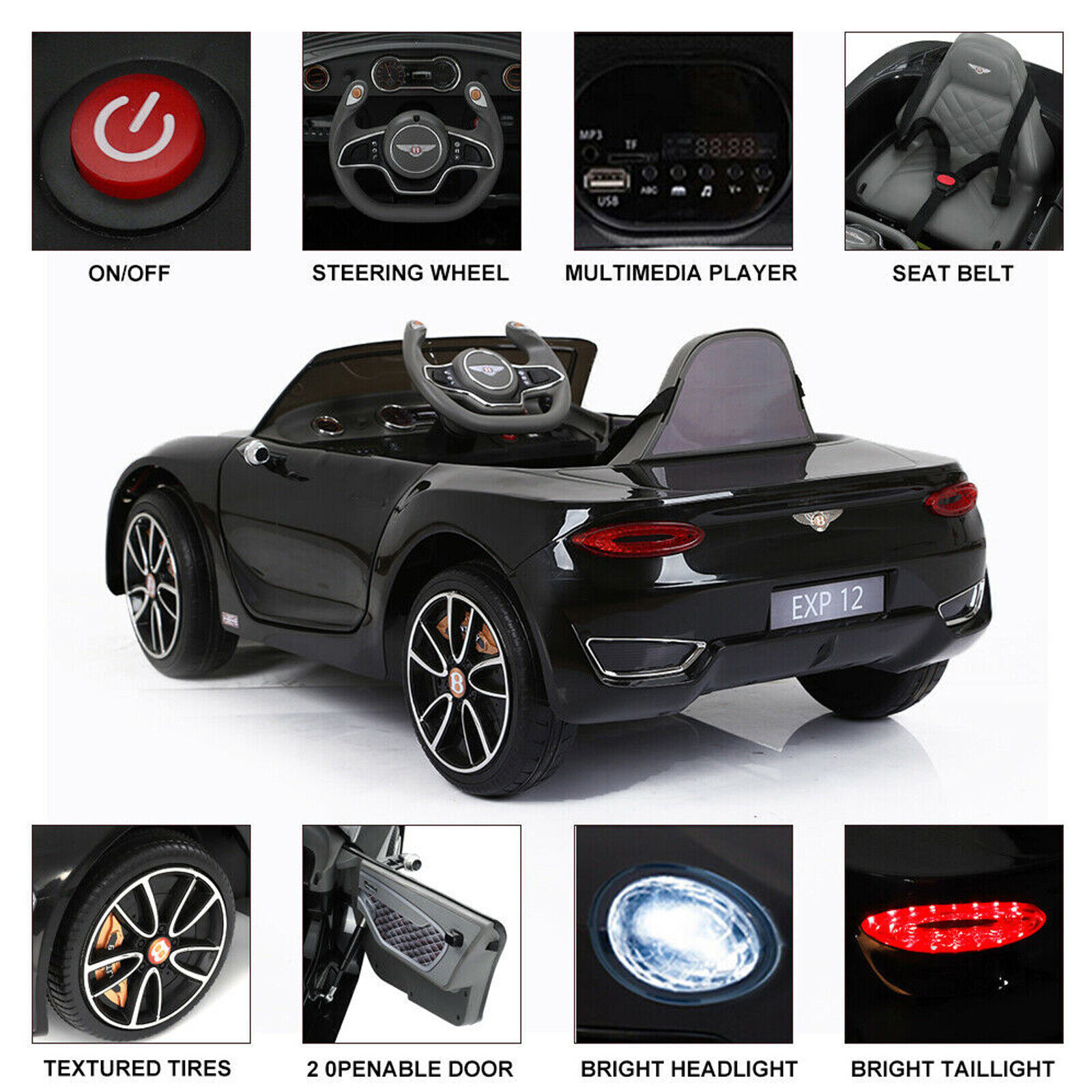 12V Electric Kids Ride on Car Bentley Style Toy Gift Remote Control LED Light US