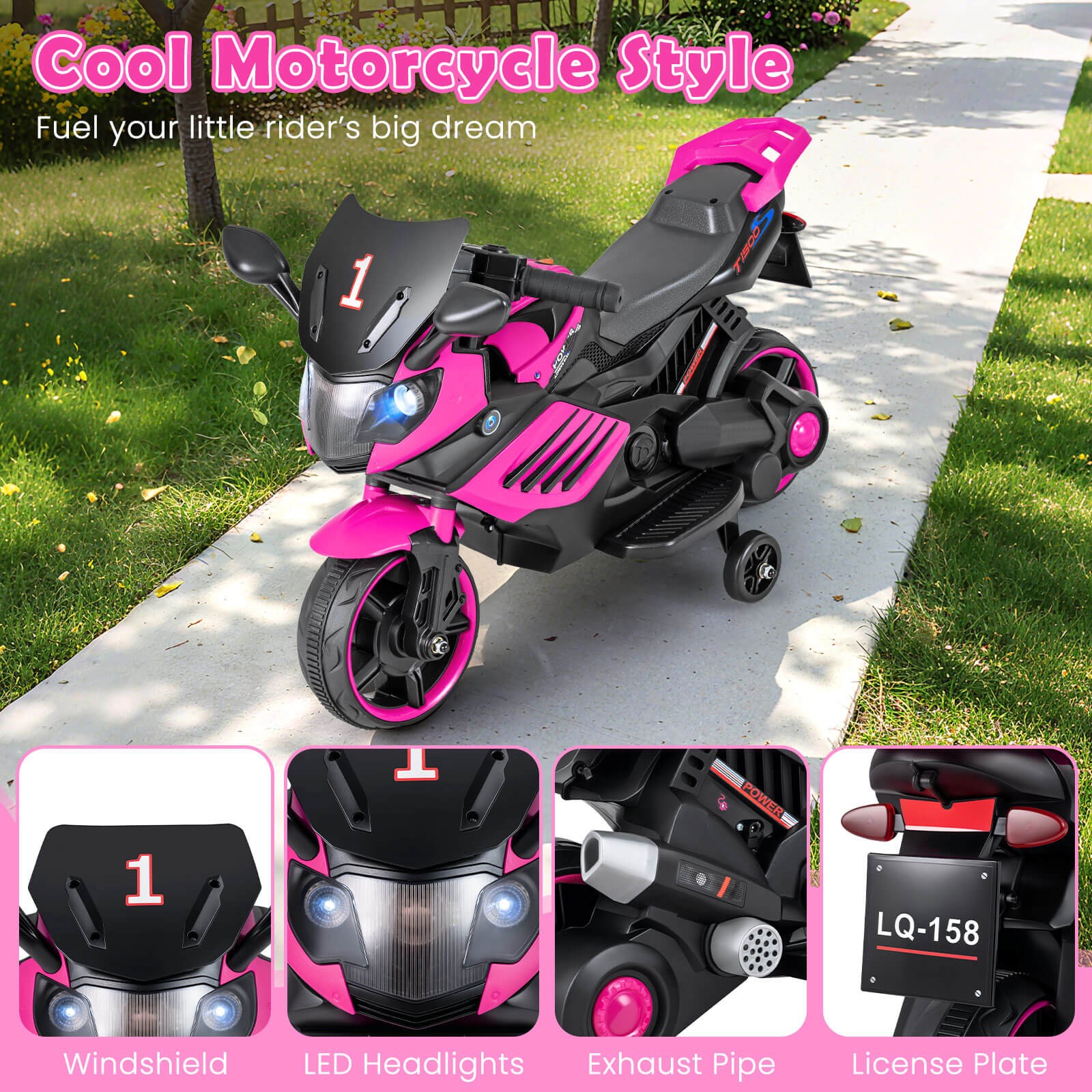 6V Kids Motorcycle w/Music, Horn, Detachable Training Wheels & LED Headlights