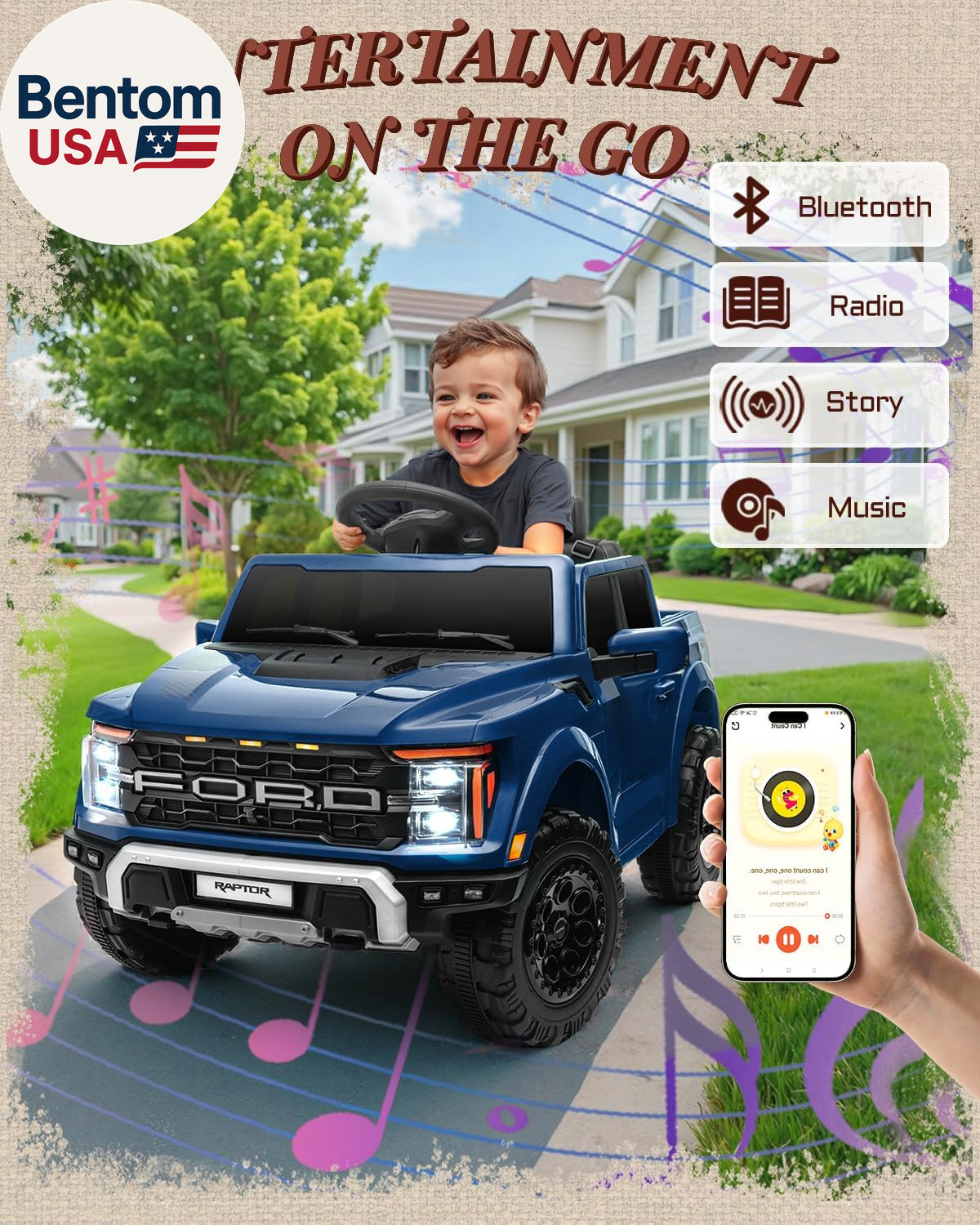 12V Electric Car for Kids, Licensed Ford F-150 Raptor Toddler Ride on Toys with
