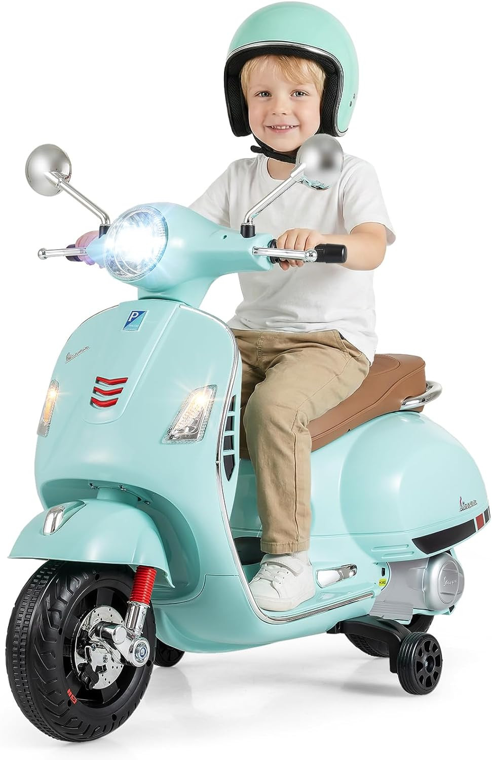 Licensed Vespa 12V Kids Motorcycle by with Training Wheels, Music, Story, Horn,