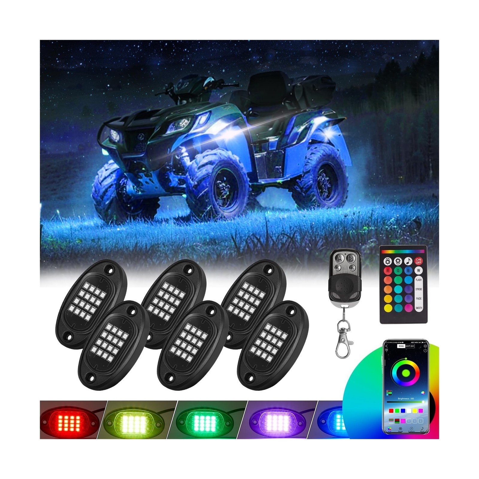 6 Pods RGB LED Rock Lights for UTV ATV Golf Cart Truck RZR Offroad Pickup SUV…