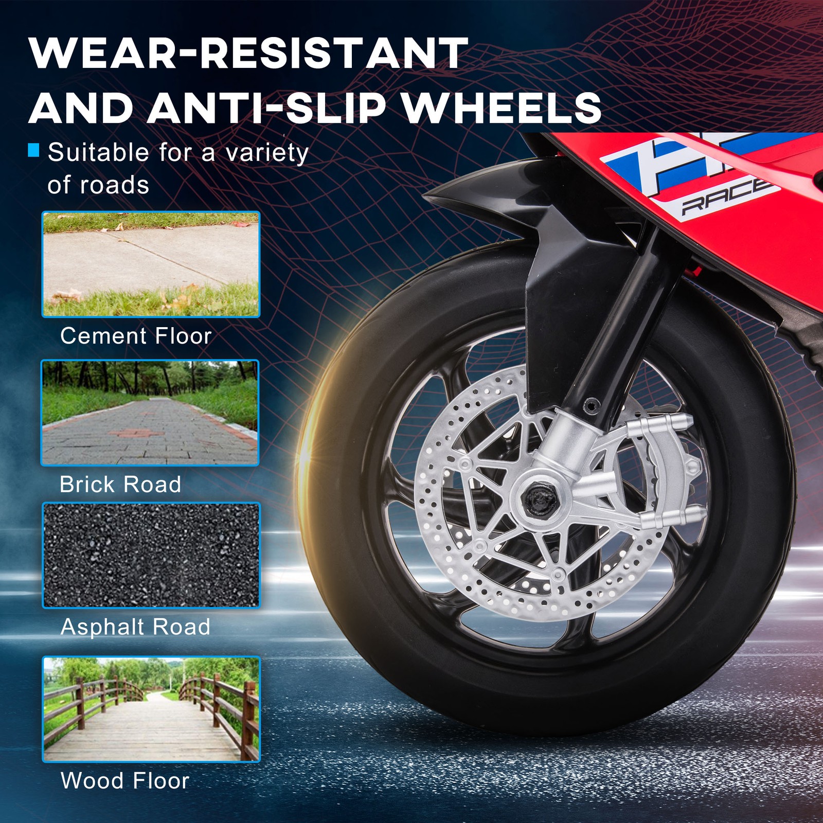 Multi-Terrain Motorbike for Kids, Battery-Operated Ride-on Vehicle Red