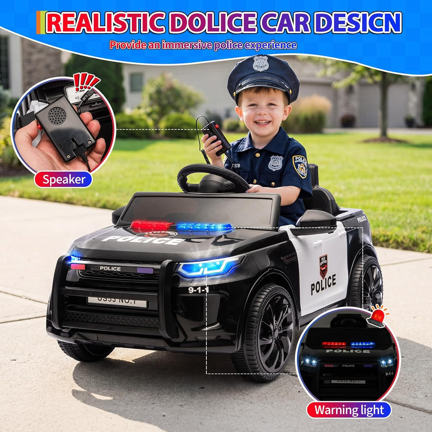 Electric Cars for Kids, 12V Police Car Ride on Toy W/Remote Control, Speaker, Wa