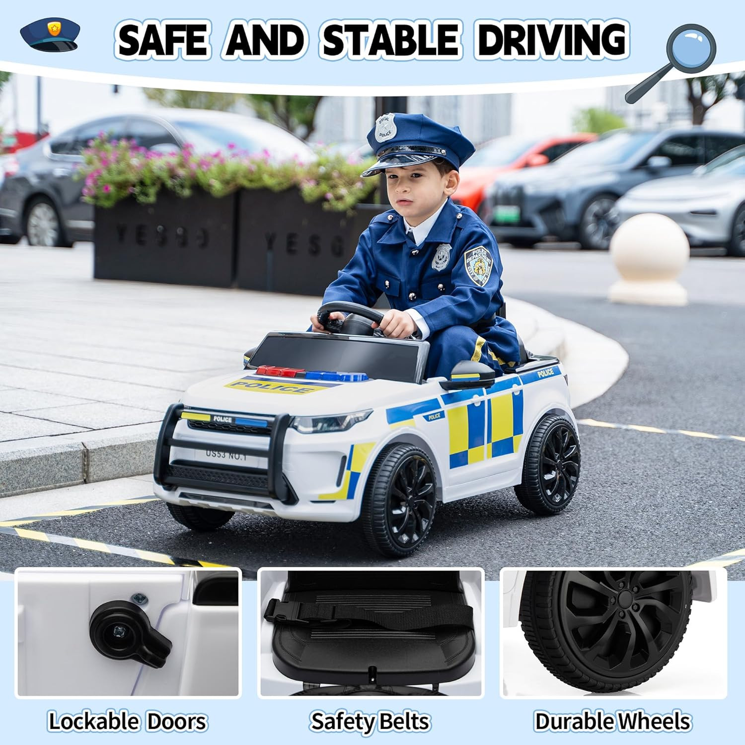 Kids Electric Ride on Police Car, Toddlers Battery-Powered Cop Toy to Drive, 27W