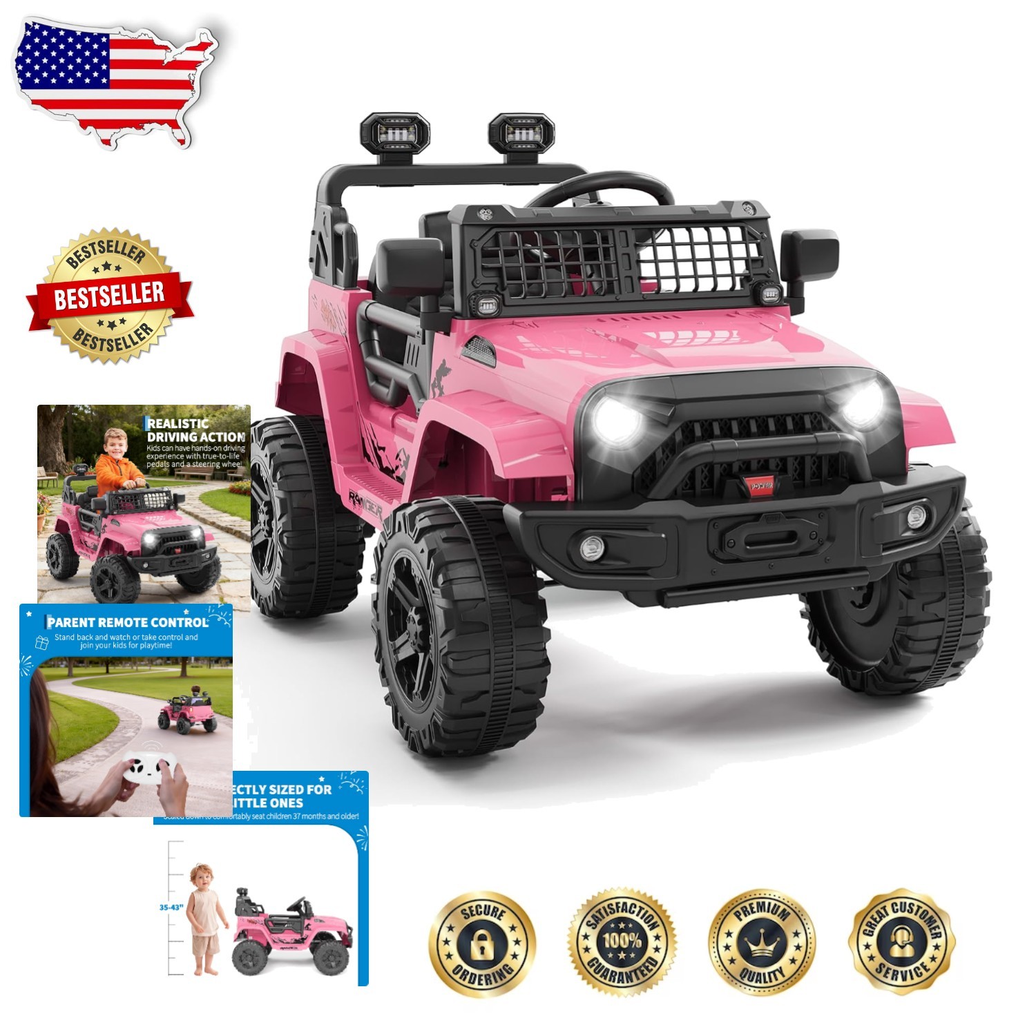 ASTM Pink 12V Ride On Truck: Remote, Bluetooth, Spring Suspension, Lights