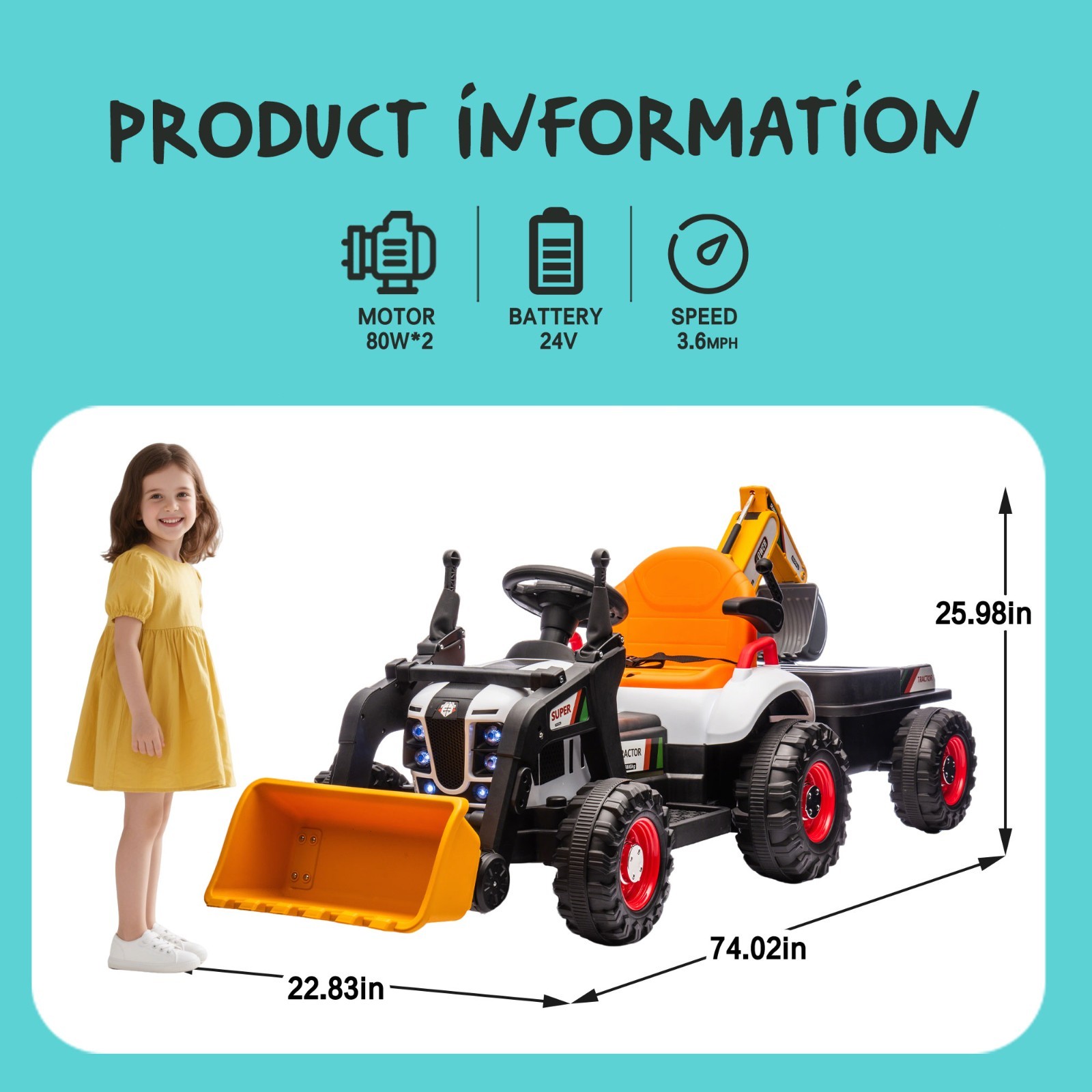 24V Kids Ride On Tractor Electric Car w/Remote,LED Tail-light,3 Speed Toy,Orange