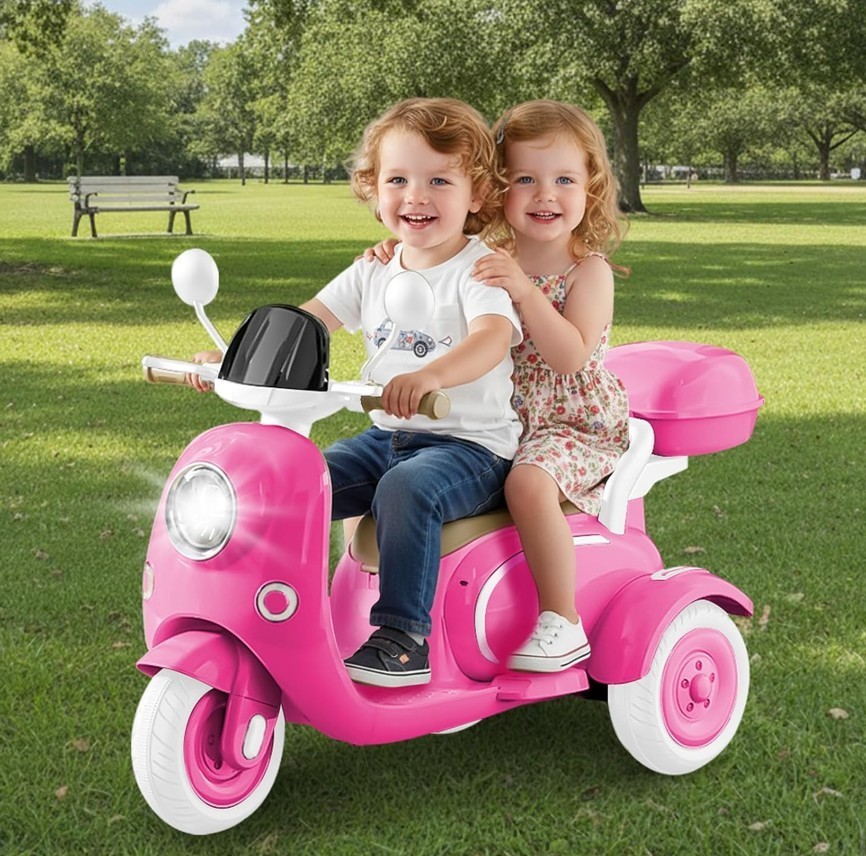 Kids Girls Pink Electric Ride On Motorcycle 3 Wheel 12 Volt Bluetooth Scooter