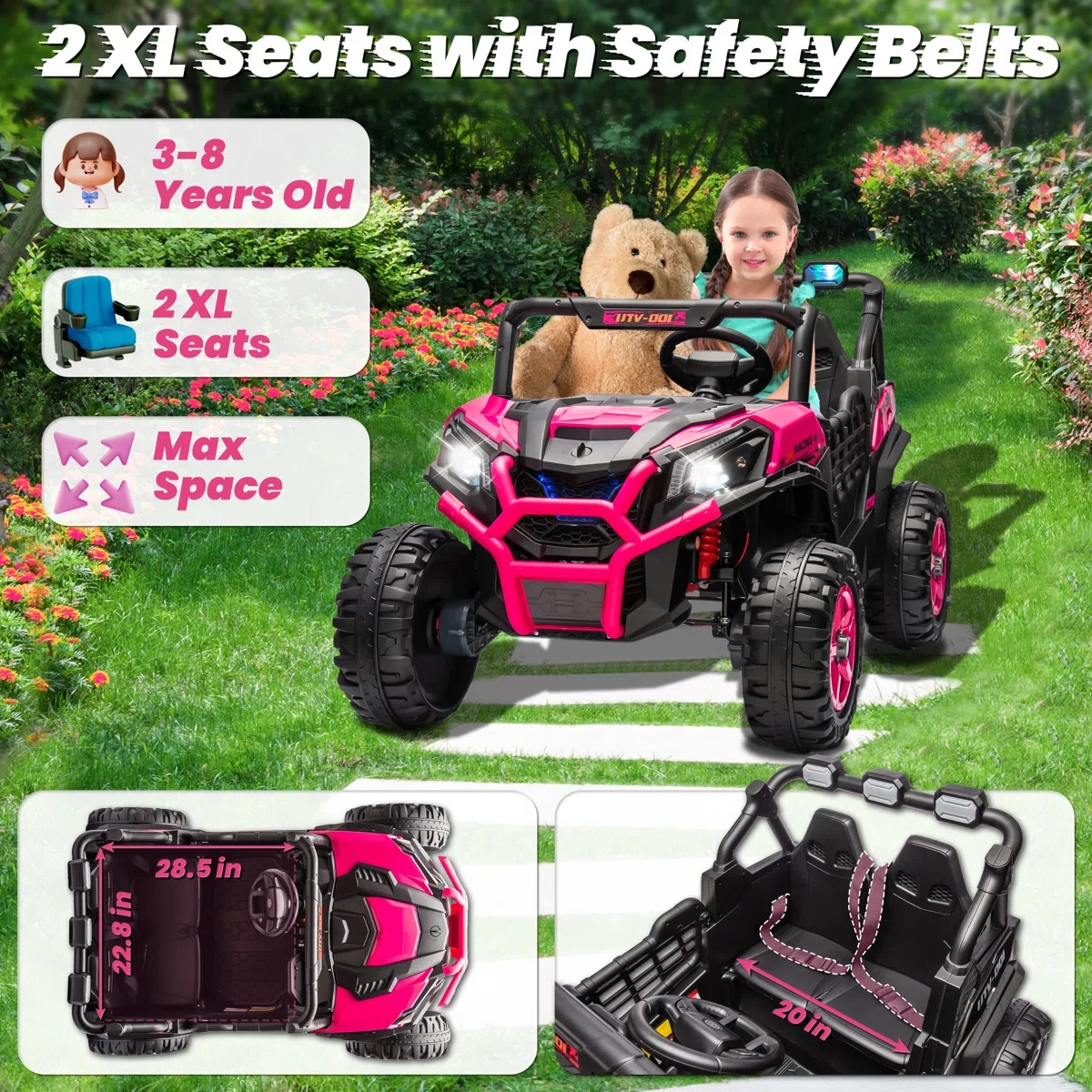 24V 2-Seater Kids Ride On Car in Pink with Remote Control, LED Lights, Music