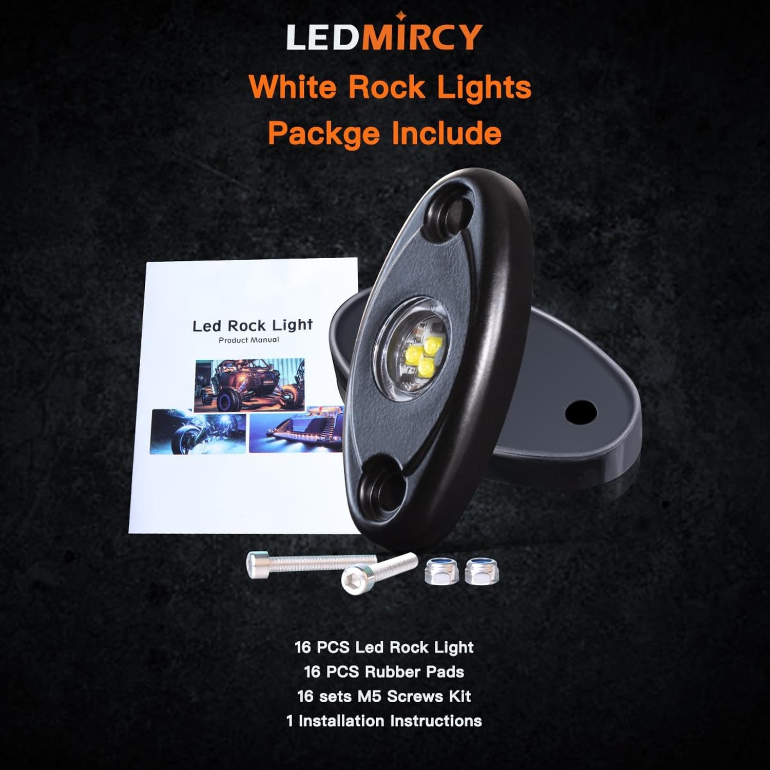 LEDMIRCY R1 LED White Rock Lights 16PCS for Off Road Truck RZR ATV SUV Auto C…