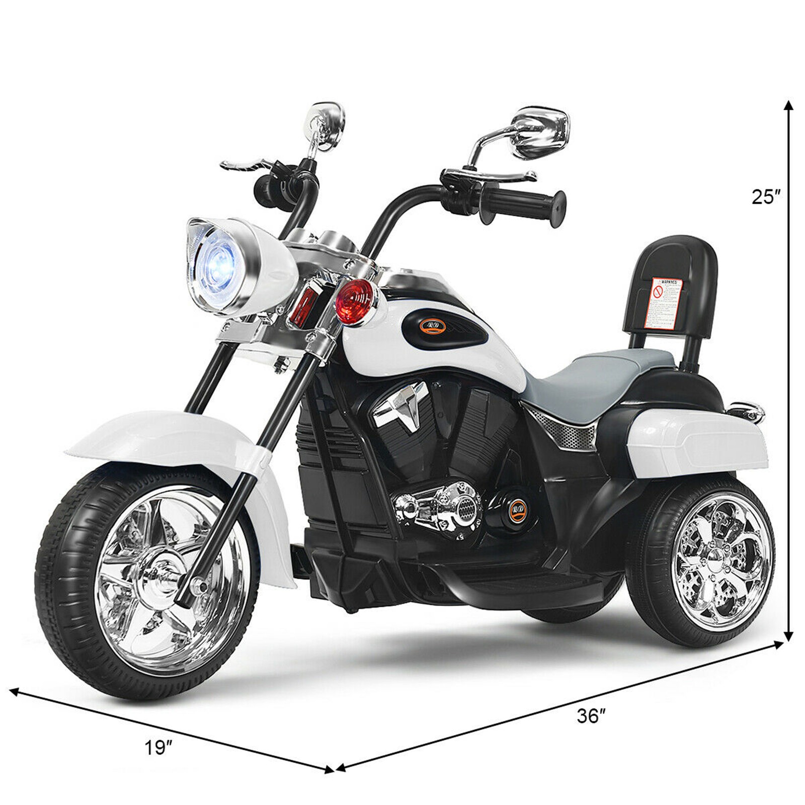 6V Kids Ride On Chopper Motorcycle 3 Wheel Trike with Headlight White