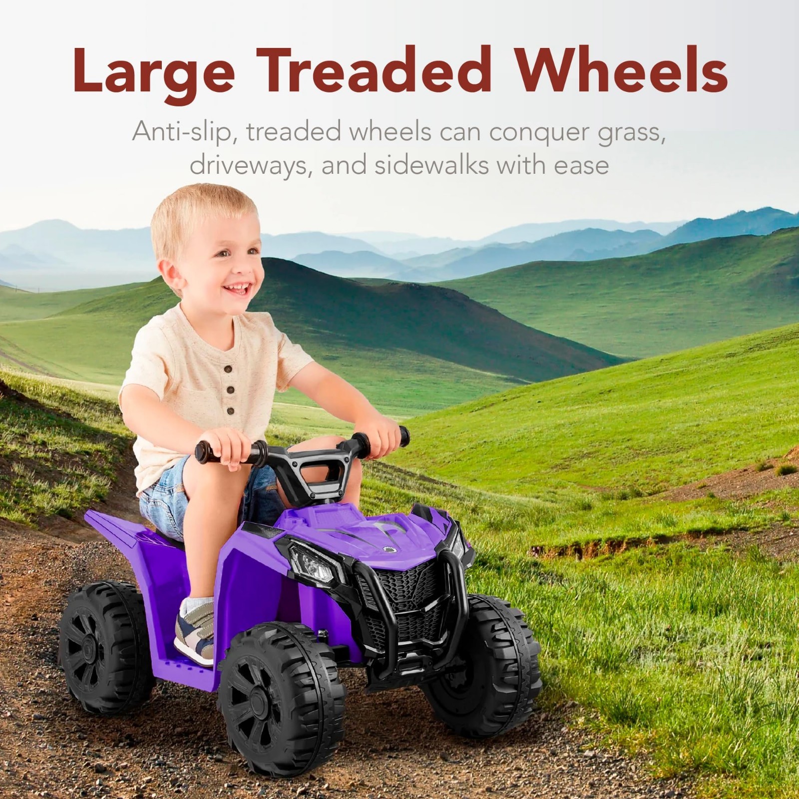 6V Kids Ride On ATV Quad 4-Wheeler Play Car, Treaded Tires, Push-Button, Purple