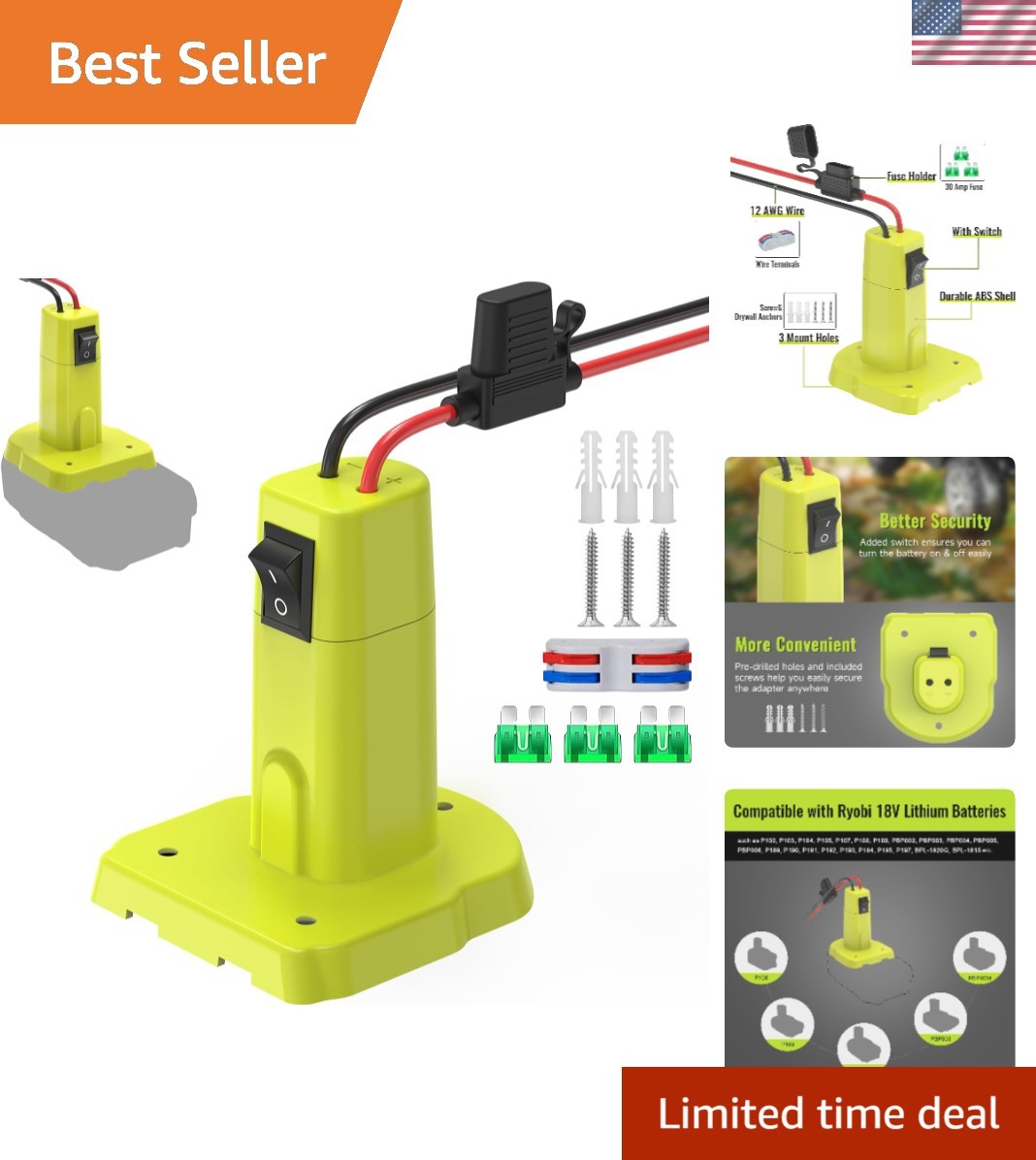 Ryobi 18V Power Wheel Adapter with Built-in Switch & Upgraded Safety Features