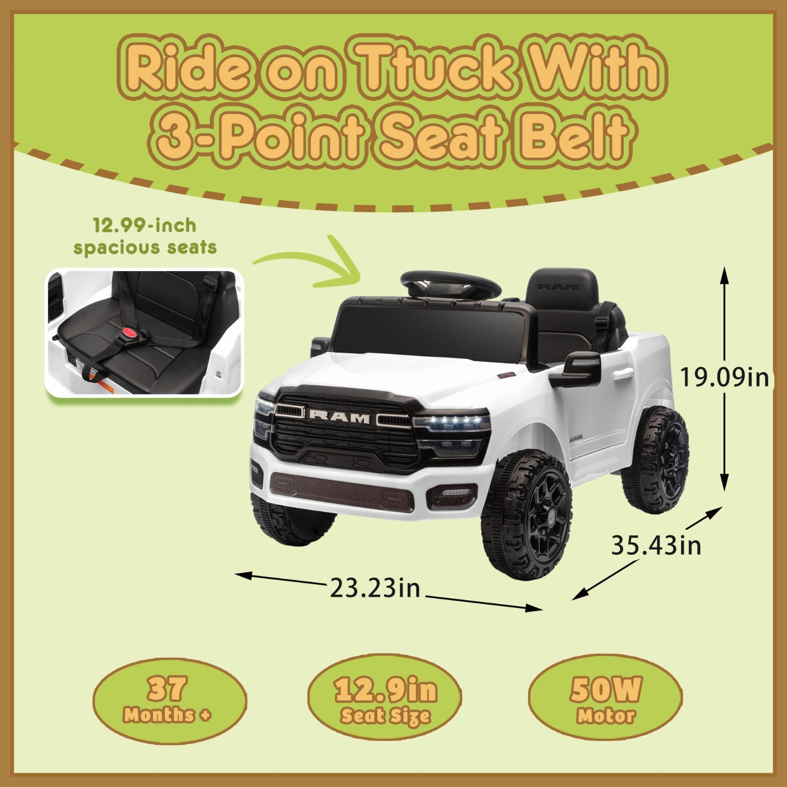 12V Kids Ride on Car Electric Toy,Toddler Licensed RAM 3500 Truck w/Remote,White