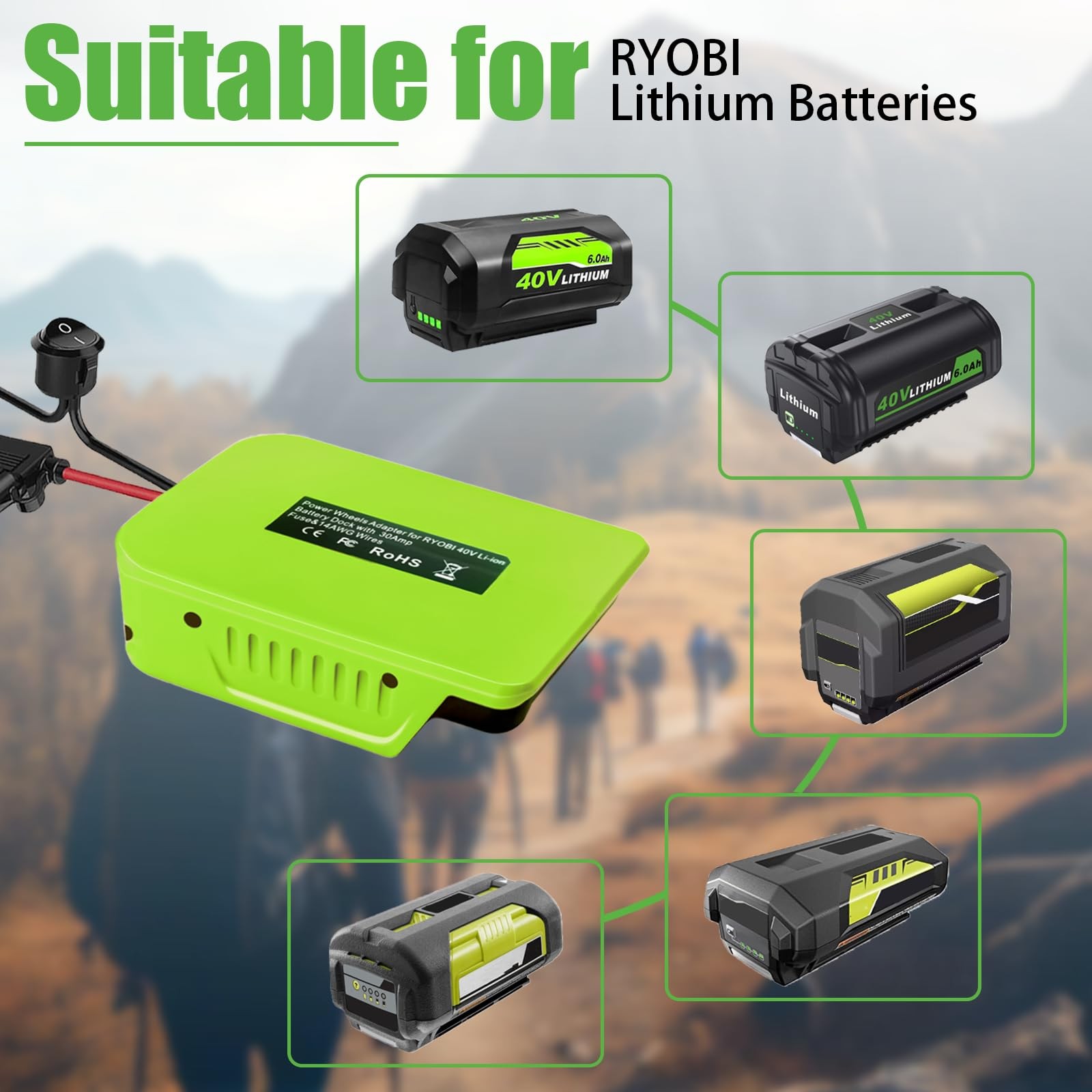 2-Pack Power Wheels Adapter for Ryobi 40V Battery — 14 AWG Power Converter Ki…