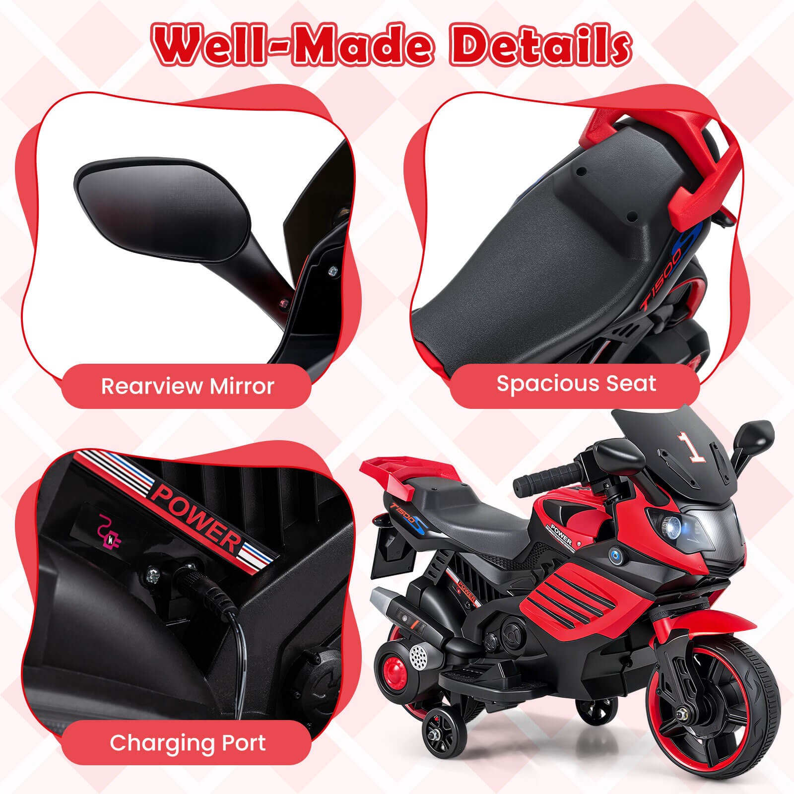 6V Kids Motorcycle w/Music, Horn, Detachable Training Wheels & LED Headlights