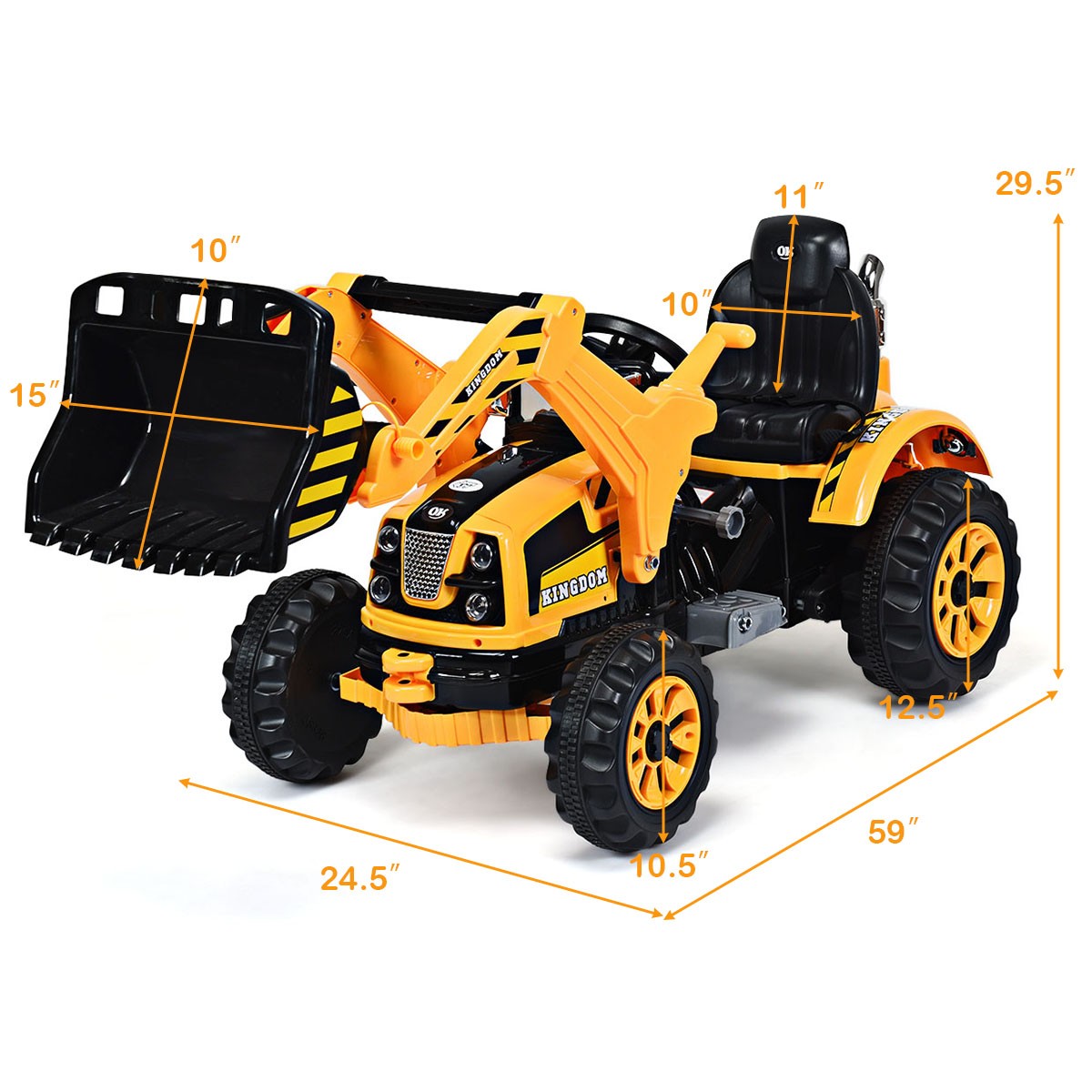 12V Battery Powered Kids Ride On Excavator Truck With Front Loader Digger Yellow