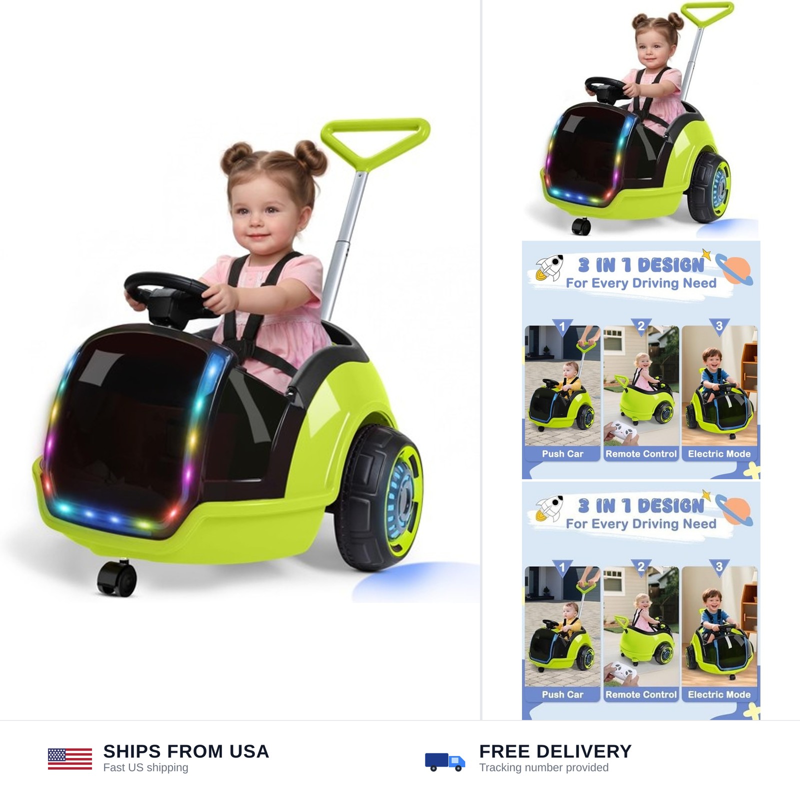 ANPABO 3-in-1 Electric Push Ride On Car, 12V Kids Ride On Toy w/Remote Contro…