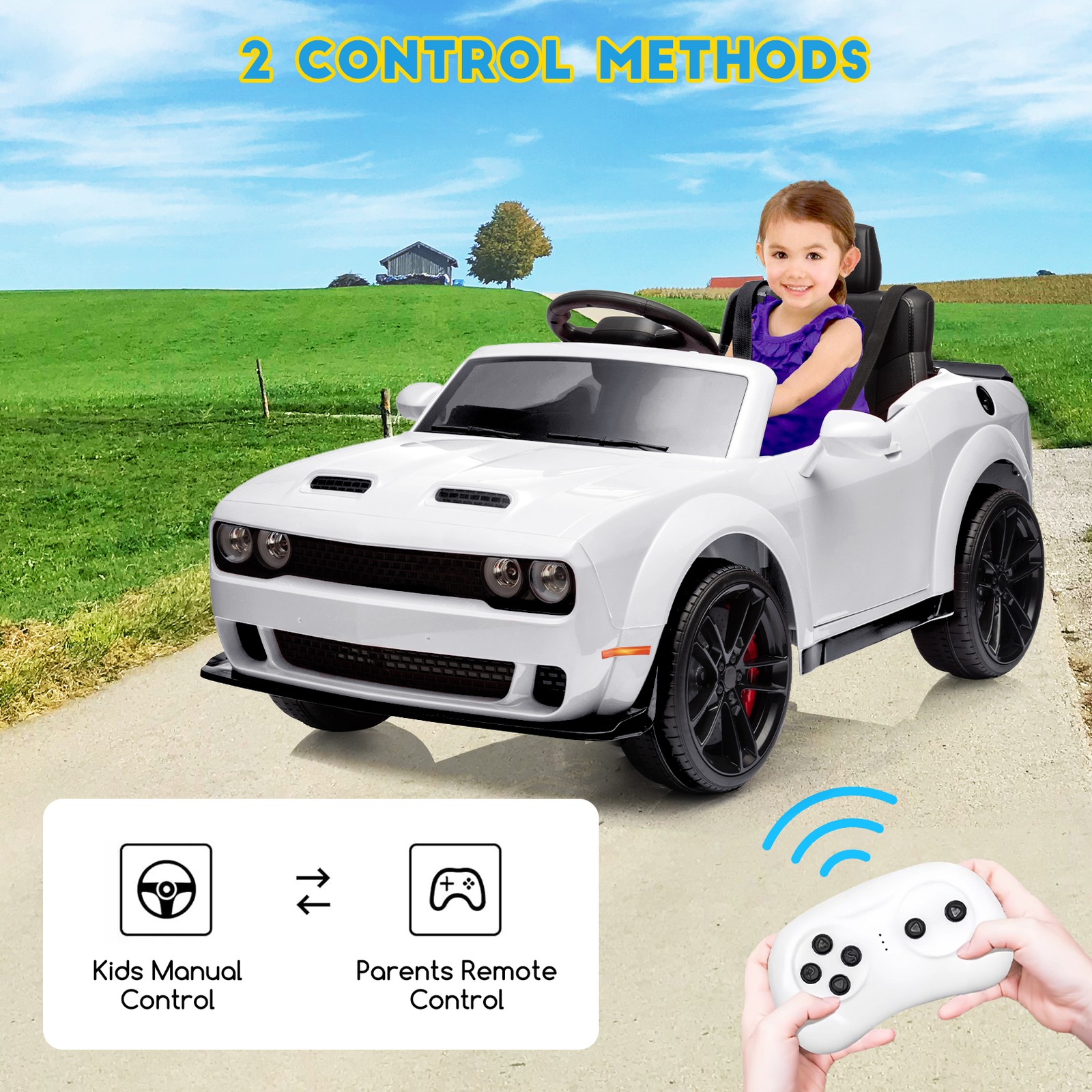 12V Ride-On Dodge Challenger Licensed, Remote Control, 3 Speeds, MP3,Safe Design