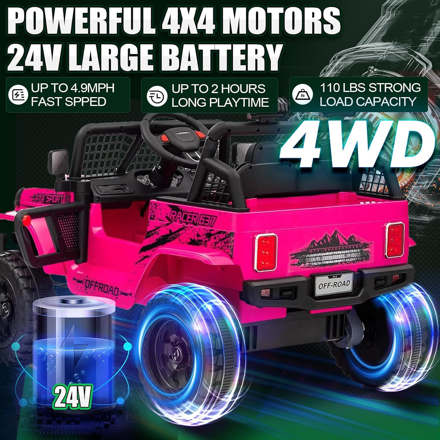 24V Ride on Jeep, Kids 2 Seater Ride on Car Truck W/4Wd Motor, Remote Control, 3