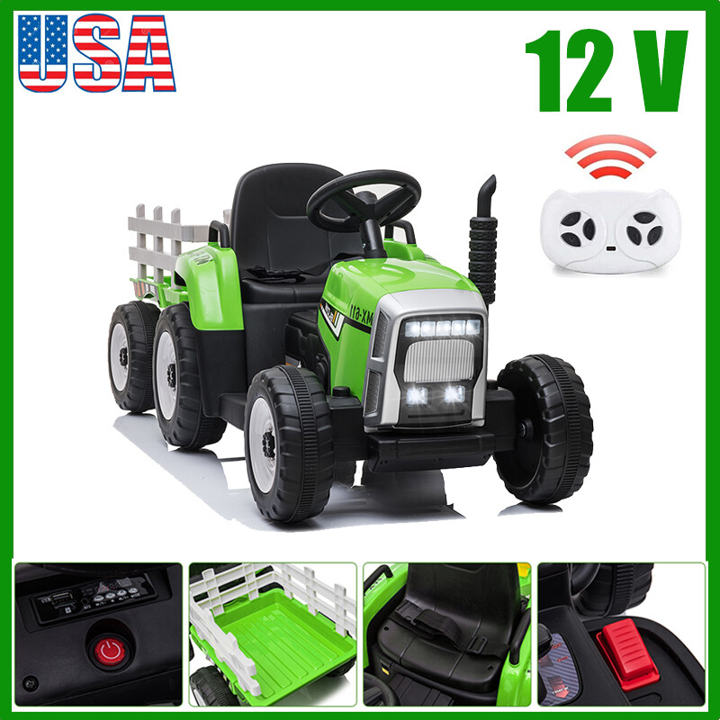12V Kids Ride On Tractor Car Battery-Powered Vehicle Toy w/Trailer+Remote Gifts