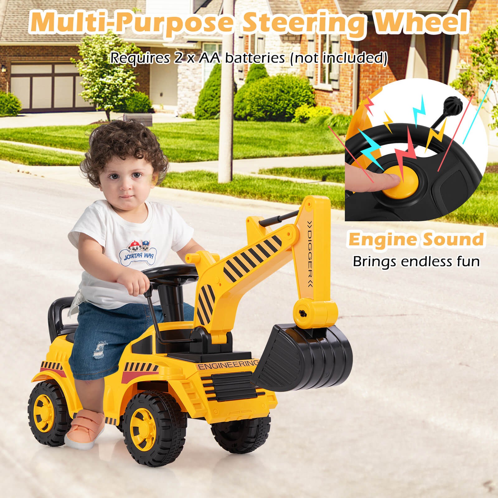 Kids Ride on Excavator w/ Adjustable Shovel Anti-Tipping Block Engine Sound
