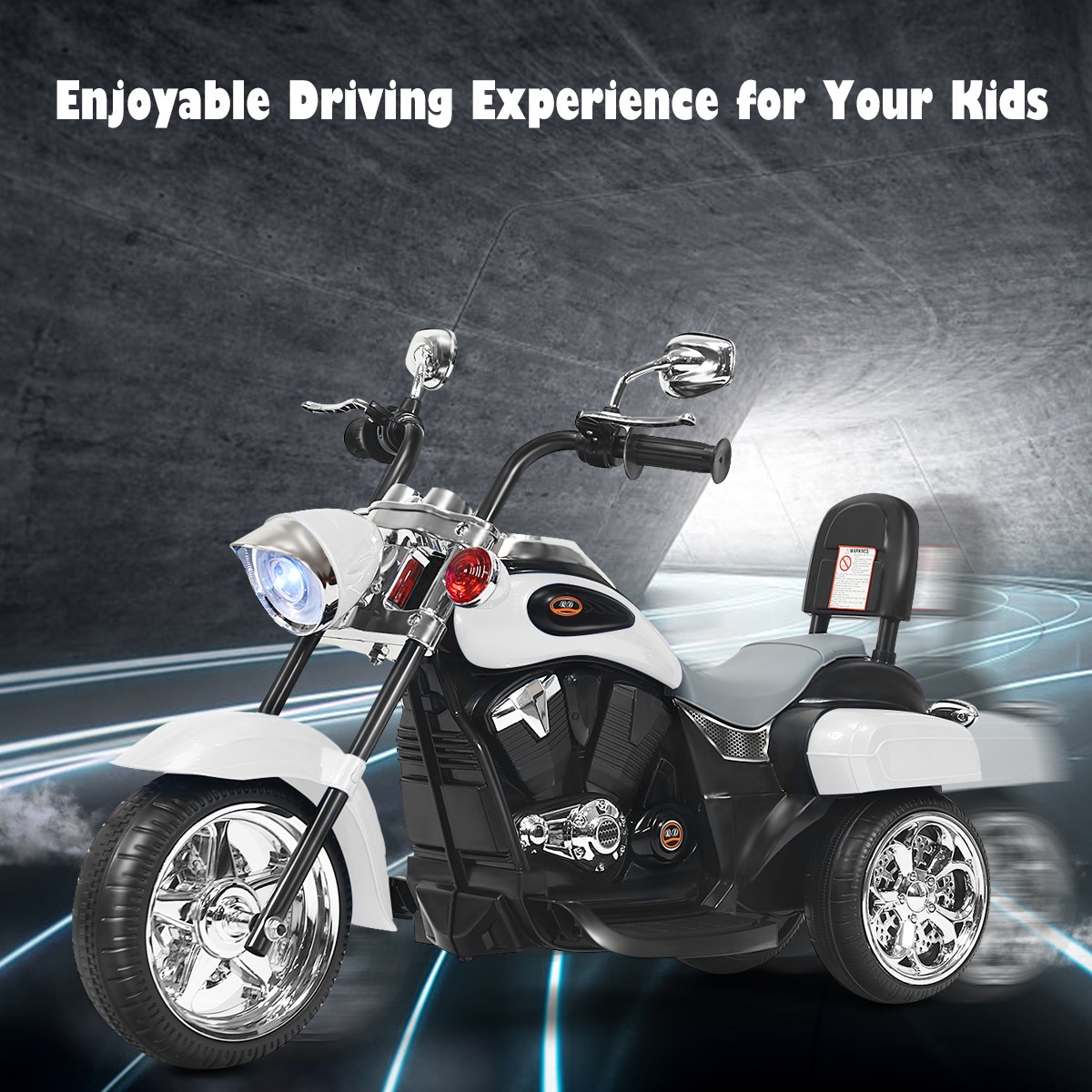 6V Kids Ride On Chopper Motorcycle 3 Wheel Trike with Headlight and Horn White