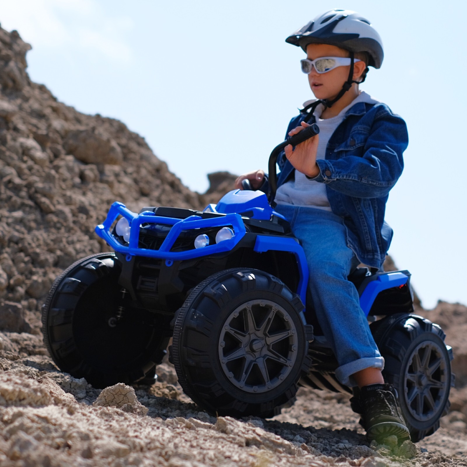 24V Blue Kids Ride on ATV Electric Power Wheels Quad Car w/2-Speed Bluetooth LED