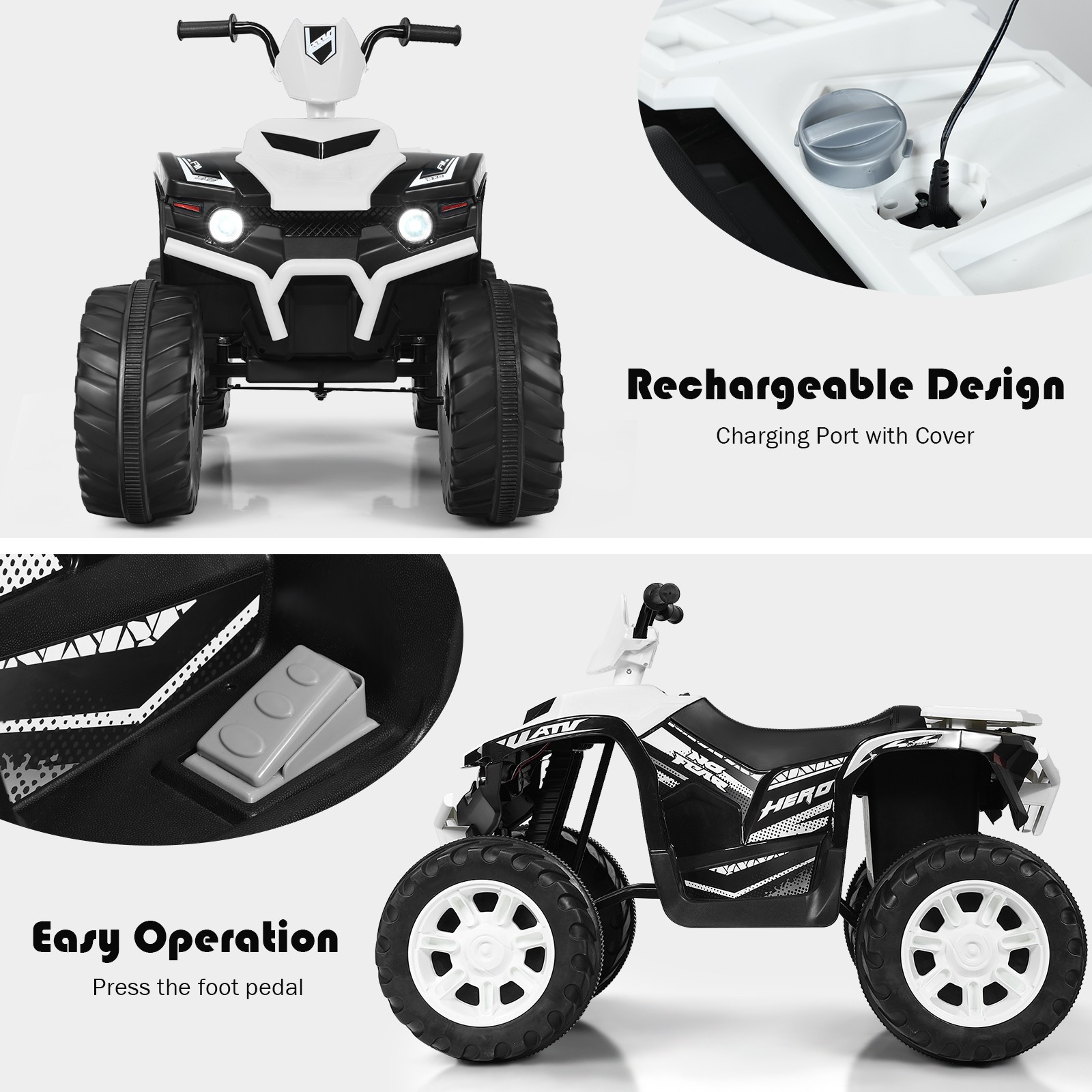 Costway 12V Kids 4-Wheeler ATV Quad Ride On Car w/ LED Light & Music White