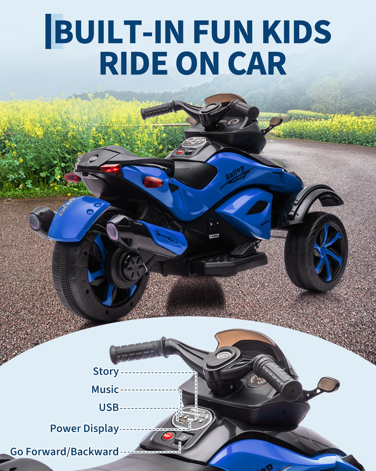 12V Kids Ride on ATV 3 Wheeler Electric Motorcycle LED Lights & Music Ages 3-8
