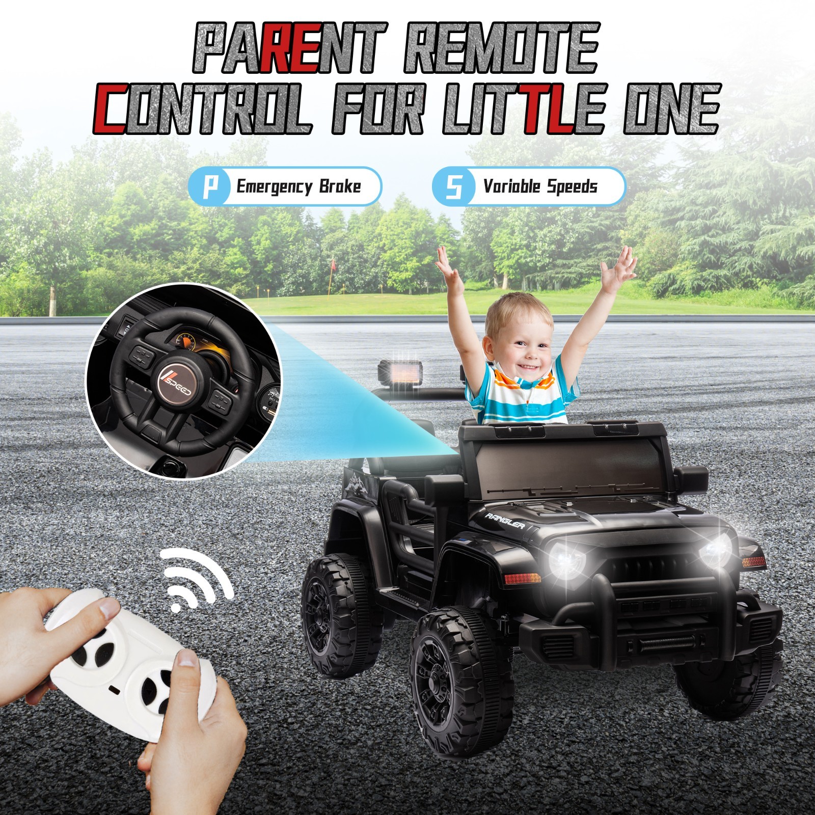 12V Ride On Toys Electric Car for Kids w/Remote, LED,Battery Powered Truck,Black