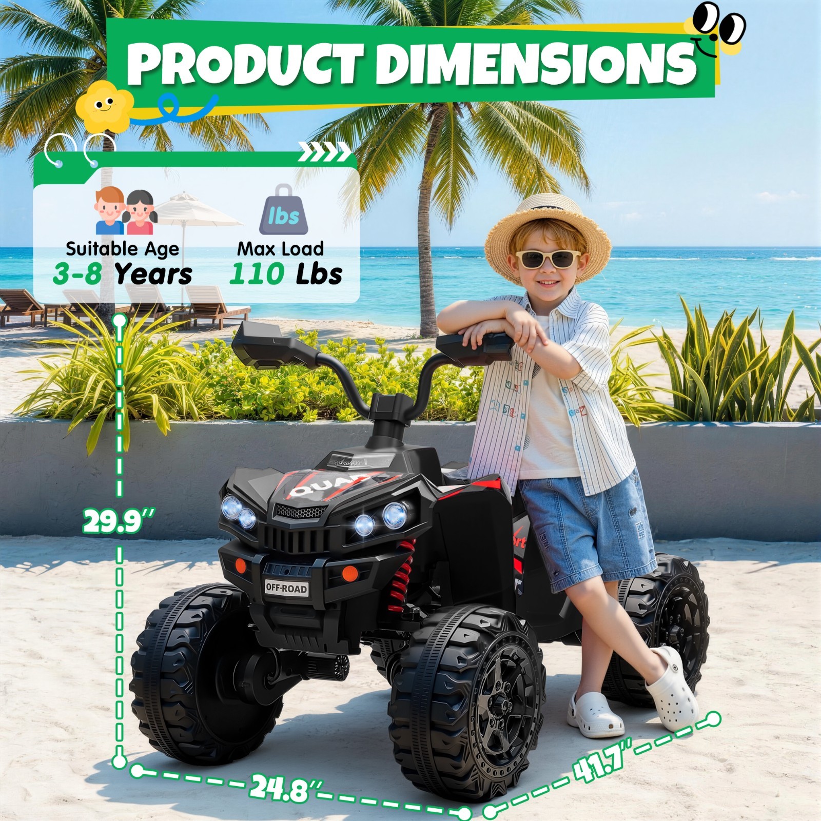 24V 4WD 2 Seater Kids Ride On ATV 4x200W Motor 7AH Electric Toy Car w/ Kneepads