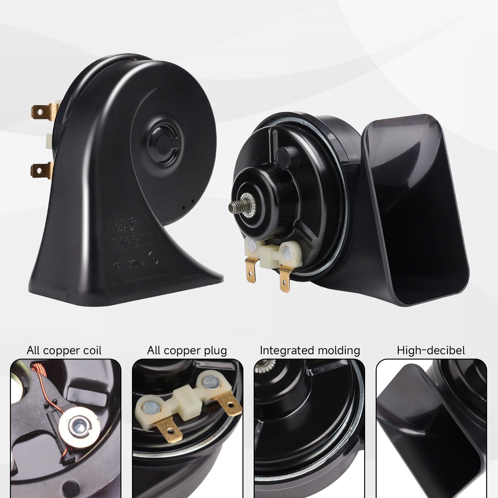 12V Black Snail Horn Kit, Button, Wire, Waterproof, Super Loud, Train, Truck
